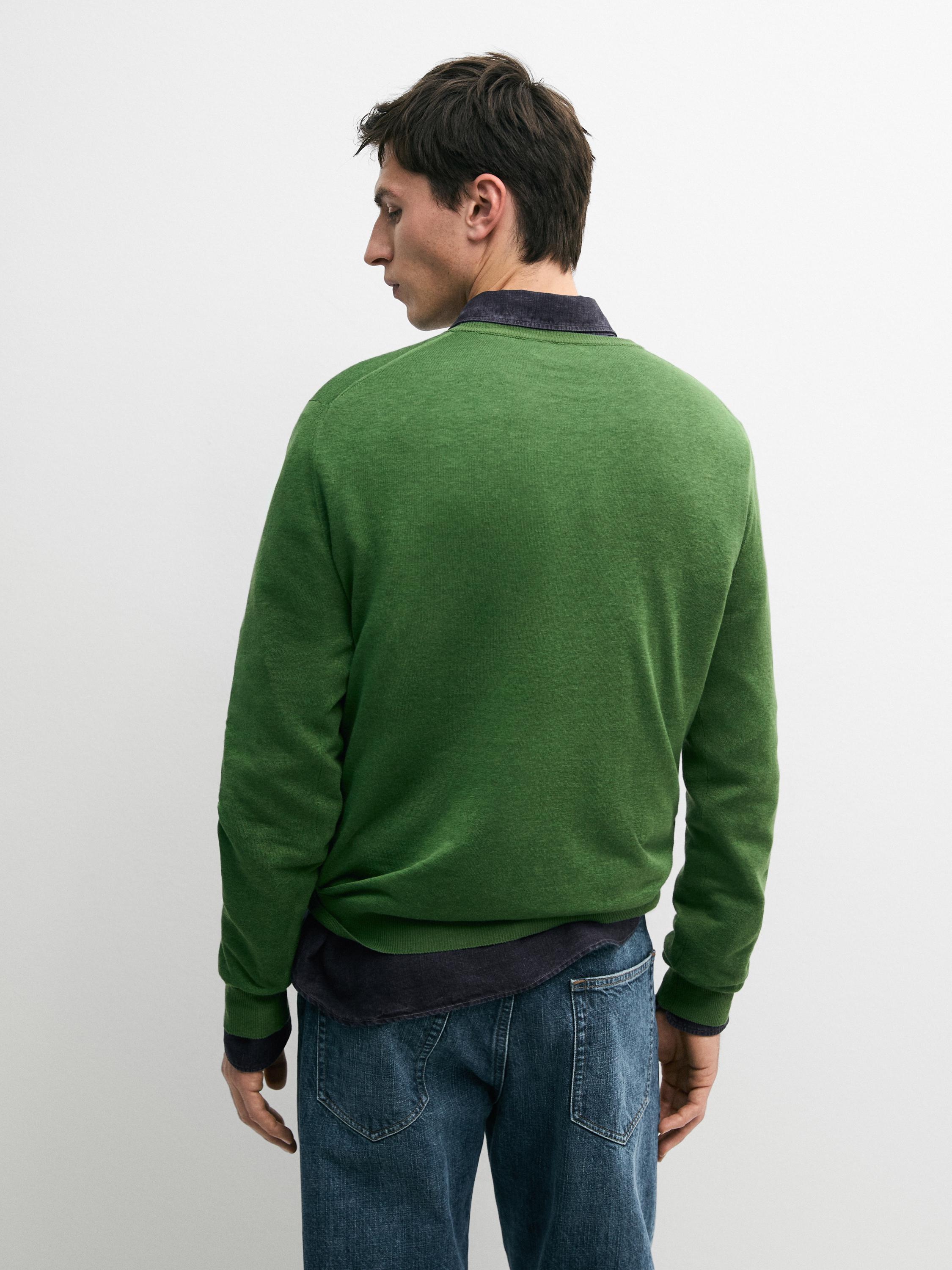 Linen and cashmere knit crew neck sweater — LIME GREEN