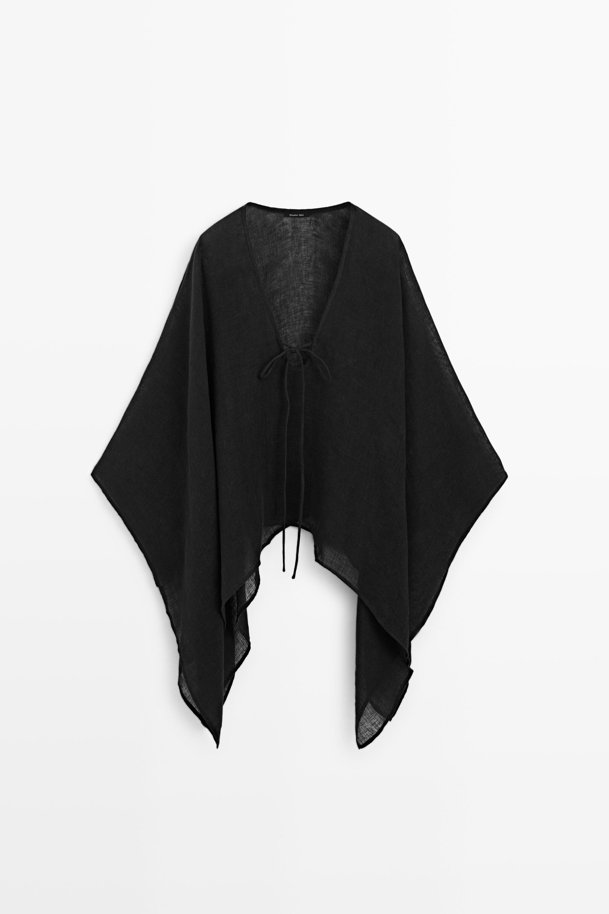 100% linen cape with tie details — BLACK
