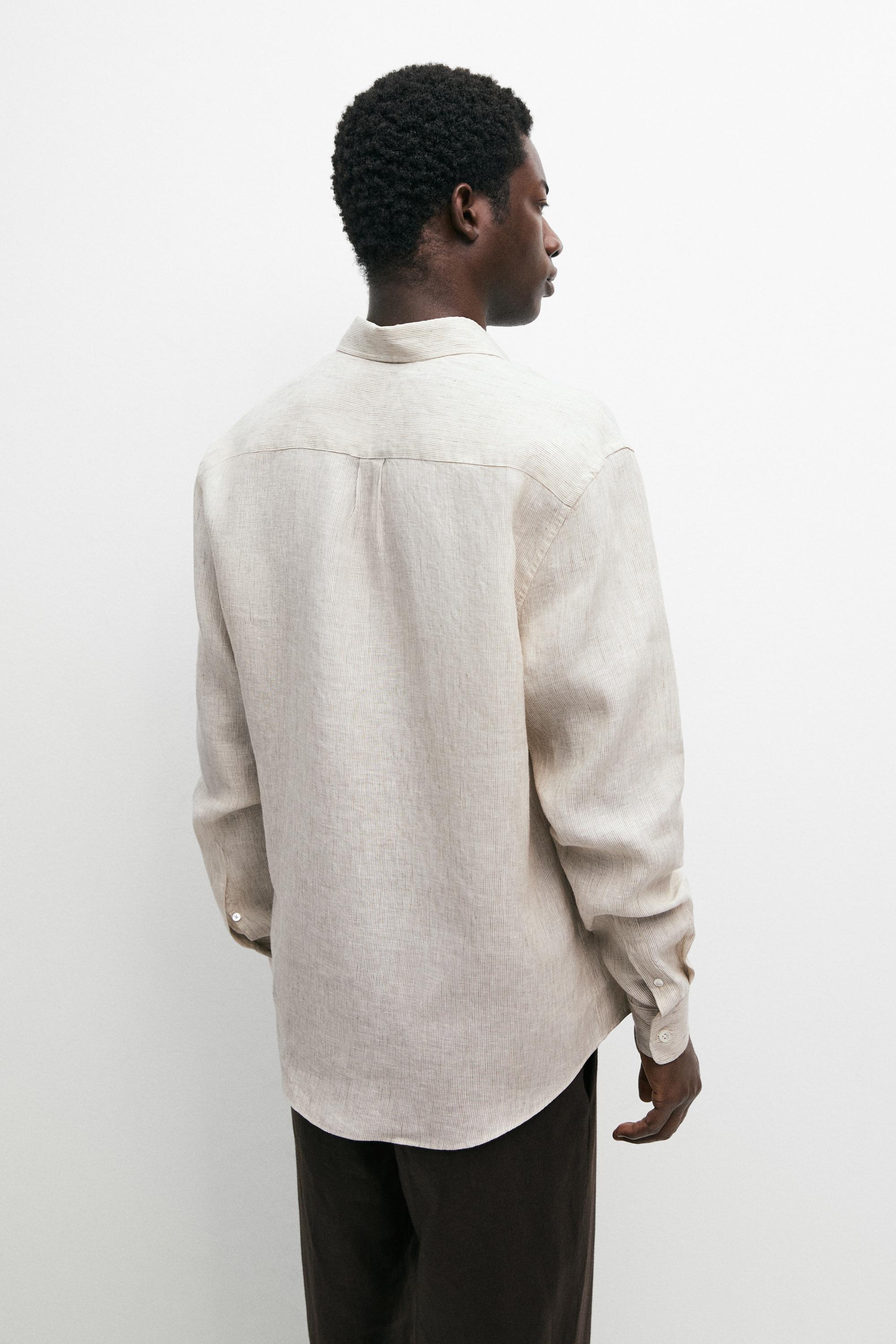 Regular fit washed striped 100% linen shirt — GREEN