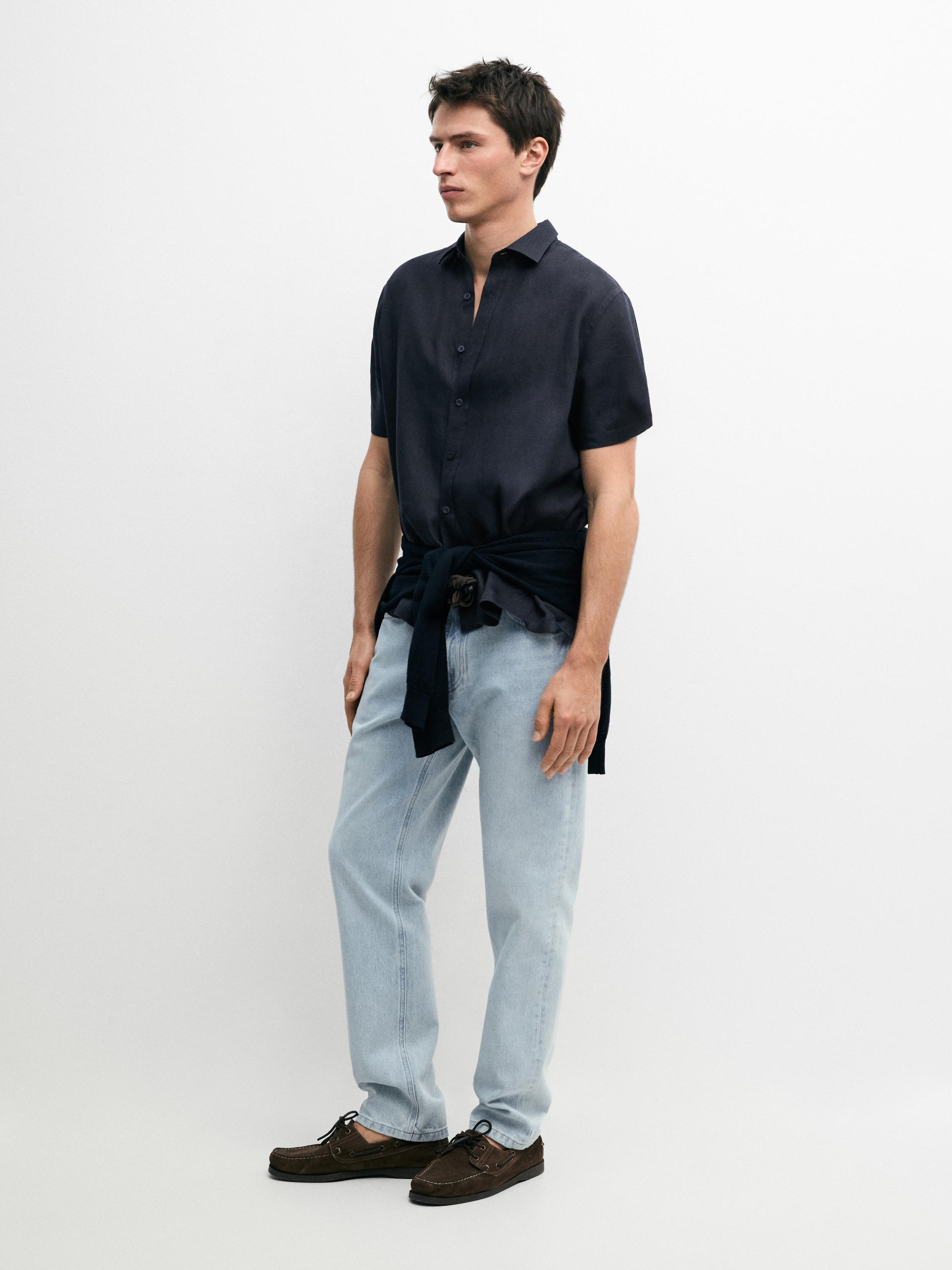 100% linen regular fit short sleeve shirt — NAVY BLUE