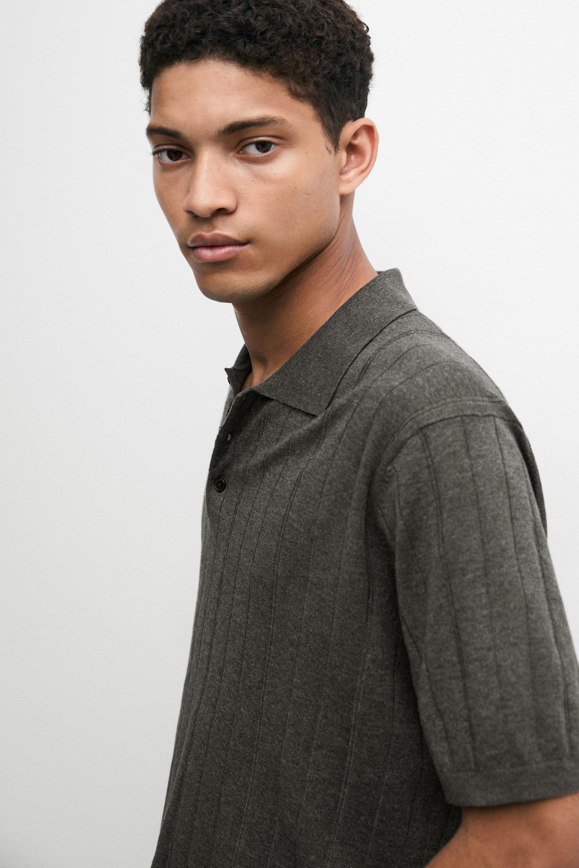 Knit cotton blend polo shirt with short sleeves — CHARCOAL