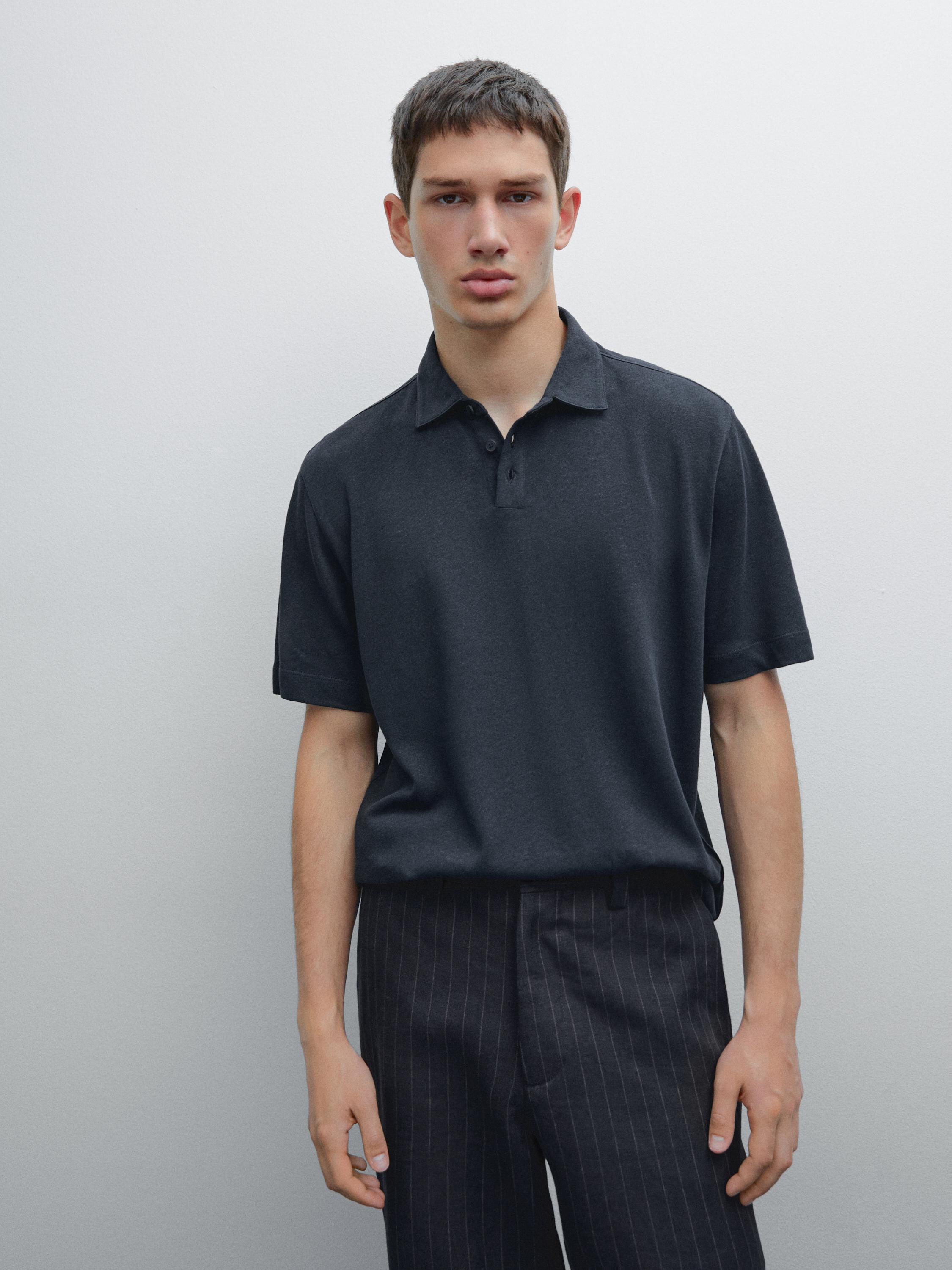 Áo cổ polo kết hợp vải lanh tay ngắn