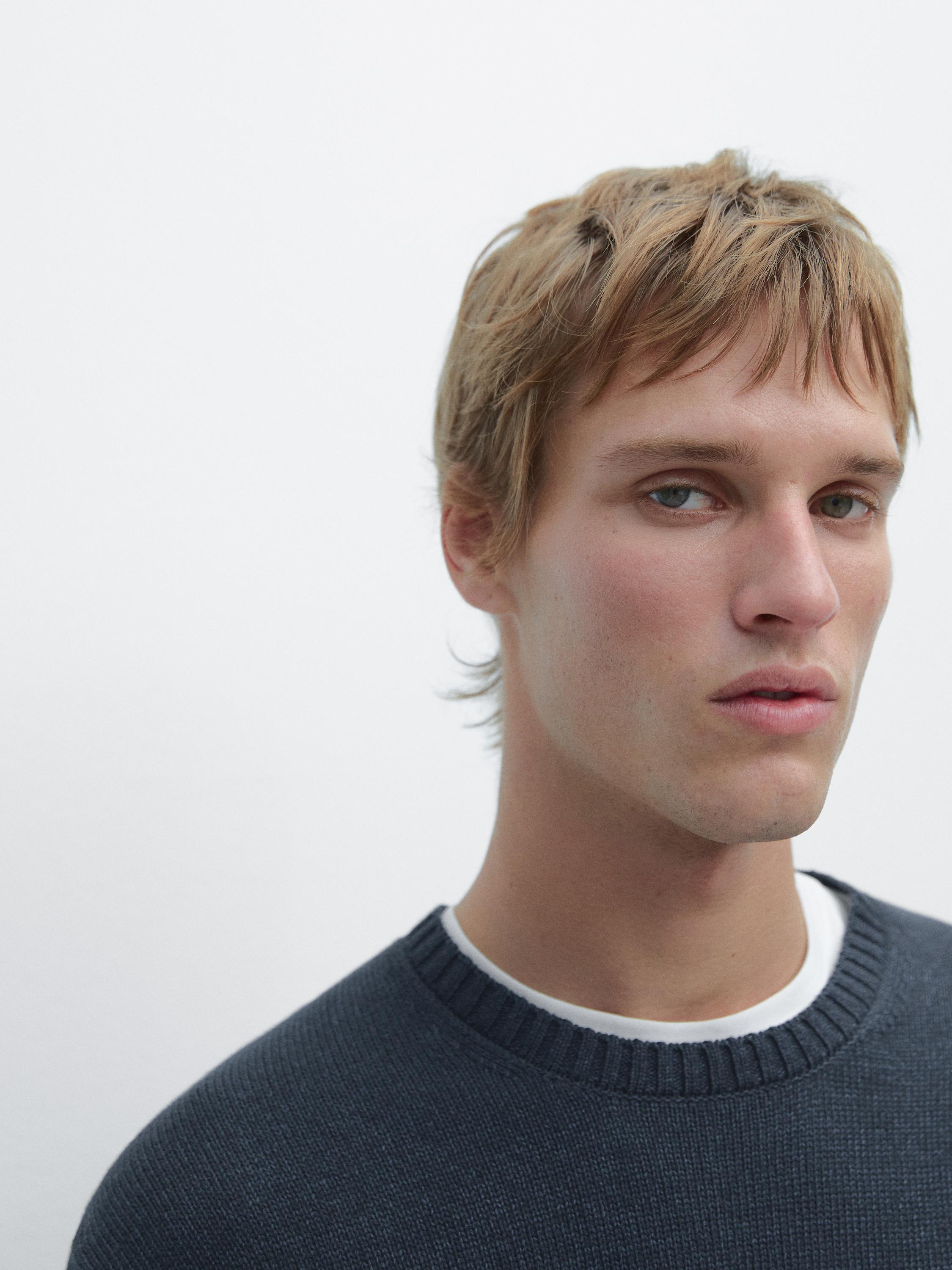 Denim-effect crew neck knit sweater — NAVY BLUE