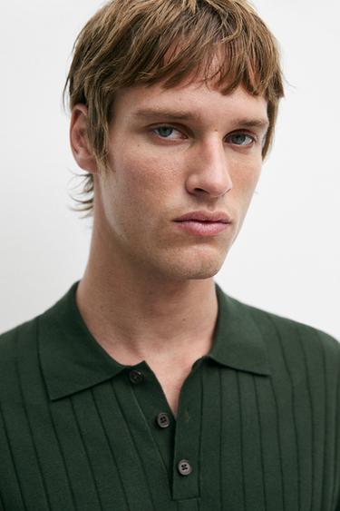 Ribbed knit cotton blend polo shirt — BOTTLE GREEN 8