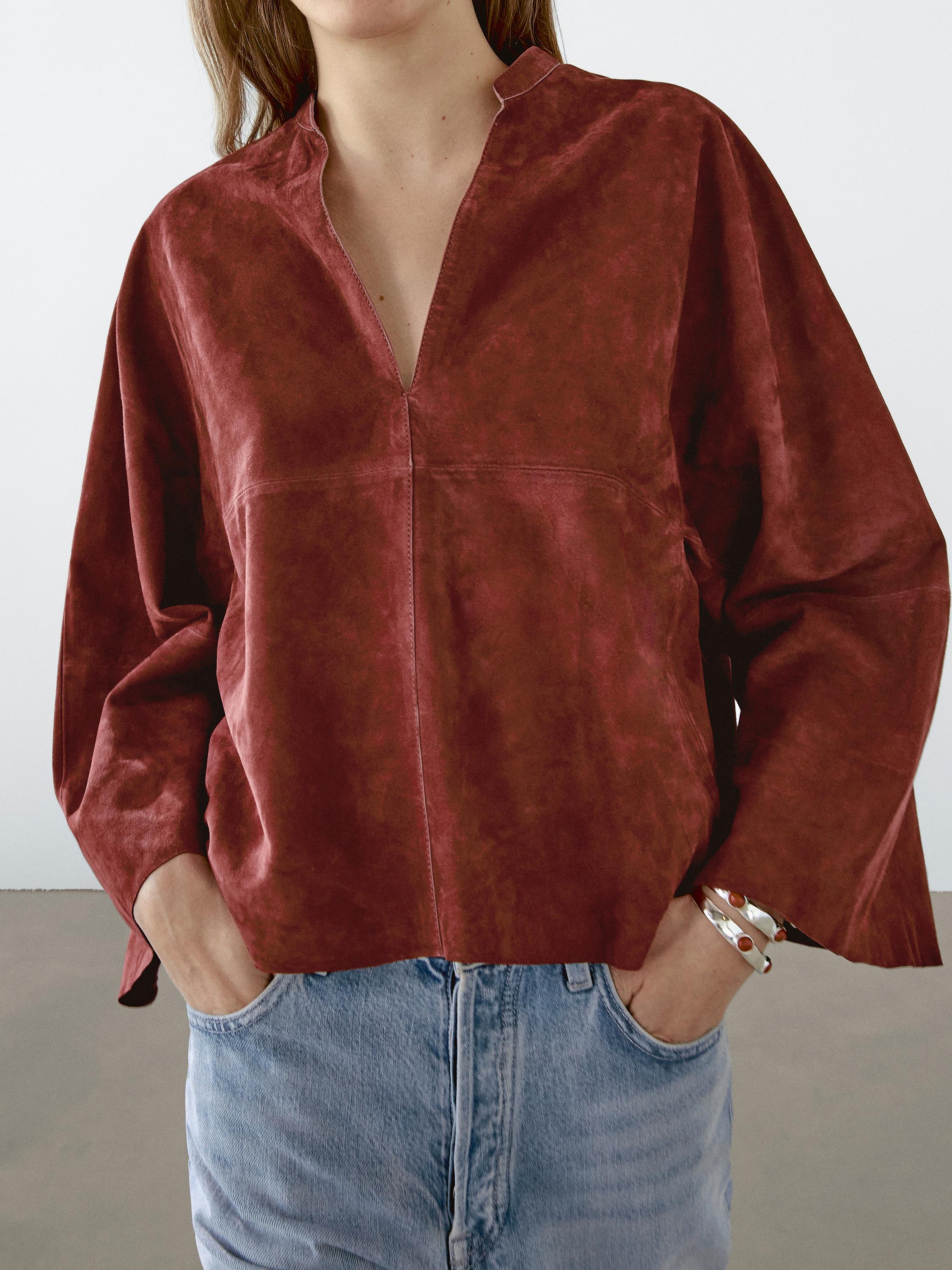 Loose-fitting suede leather shirt