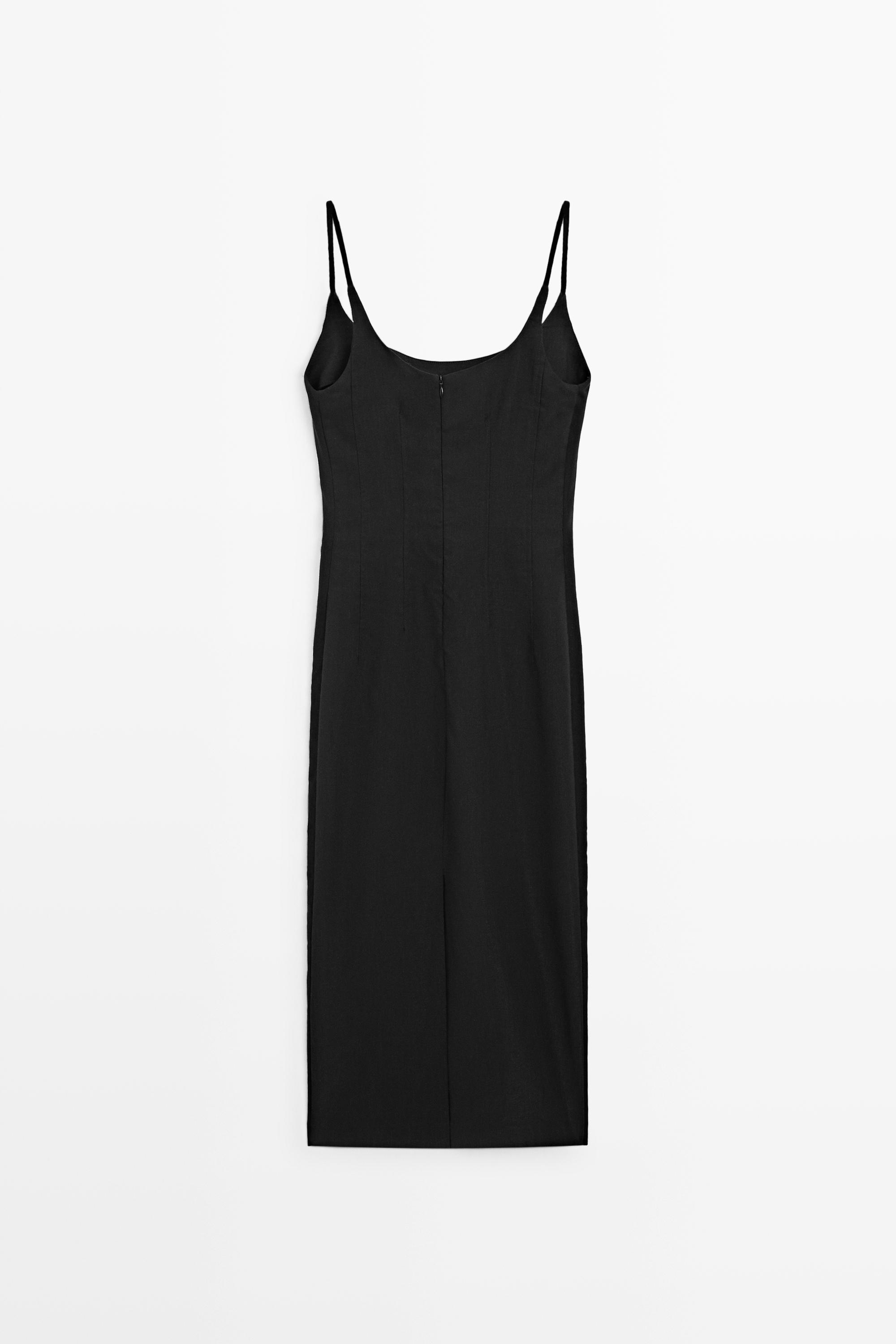 Linen-blend thin strap midi dress — BLACK