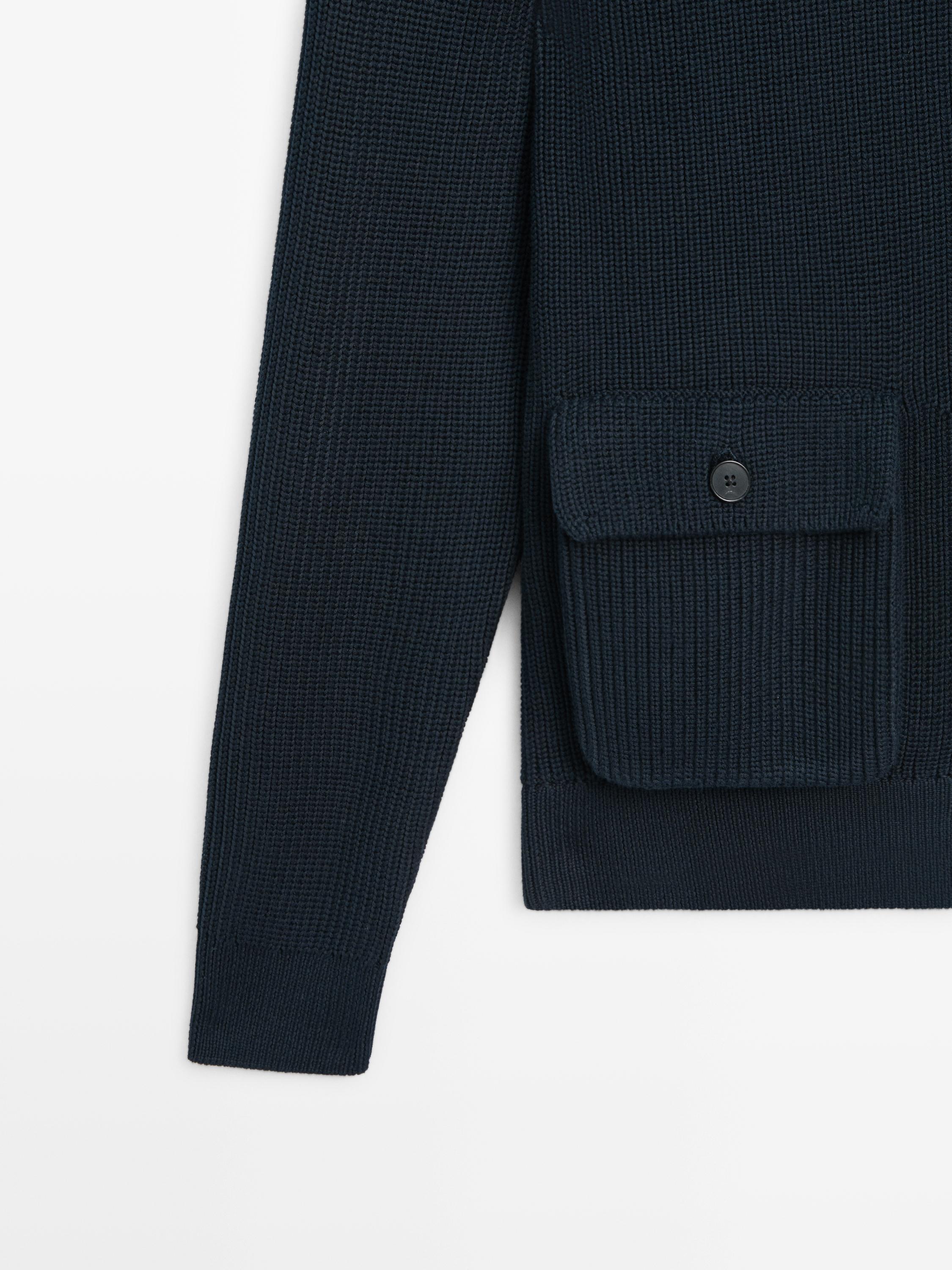 Cotton knit cardigan with pockets — NAVY BLUE