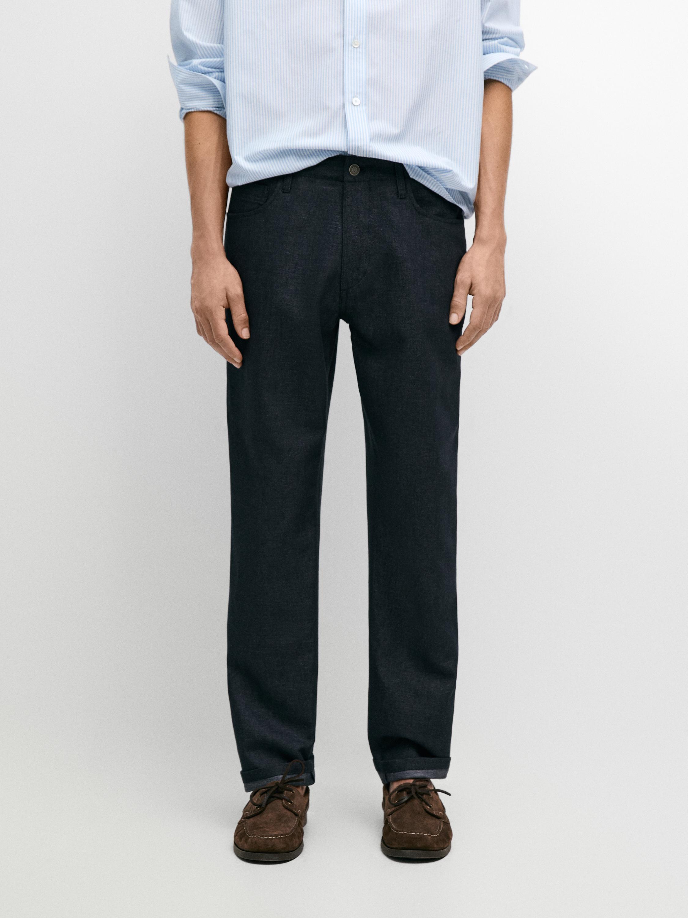 Cotton and linen tapered fit jeans — NAVY BLUE