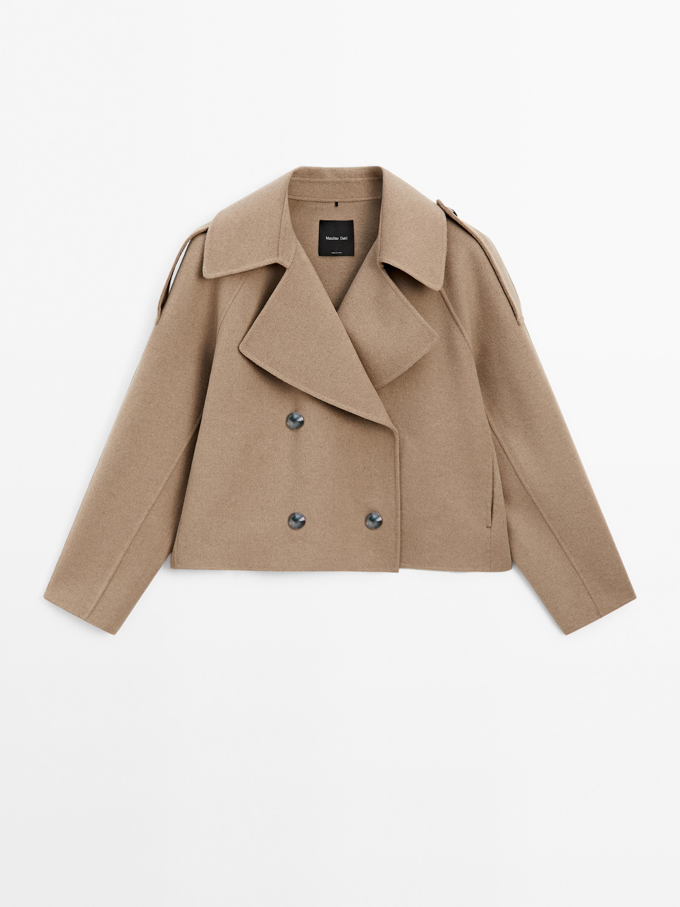 Short double-layer wool blend trench coat