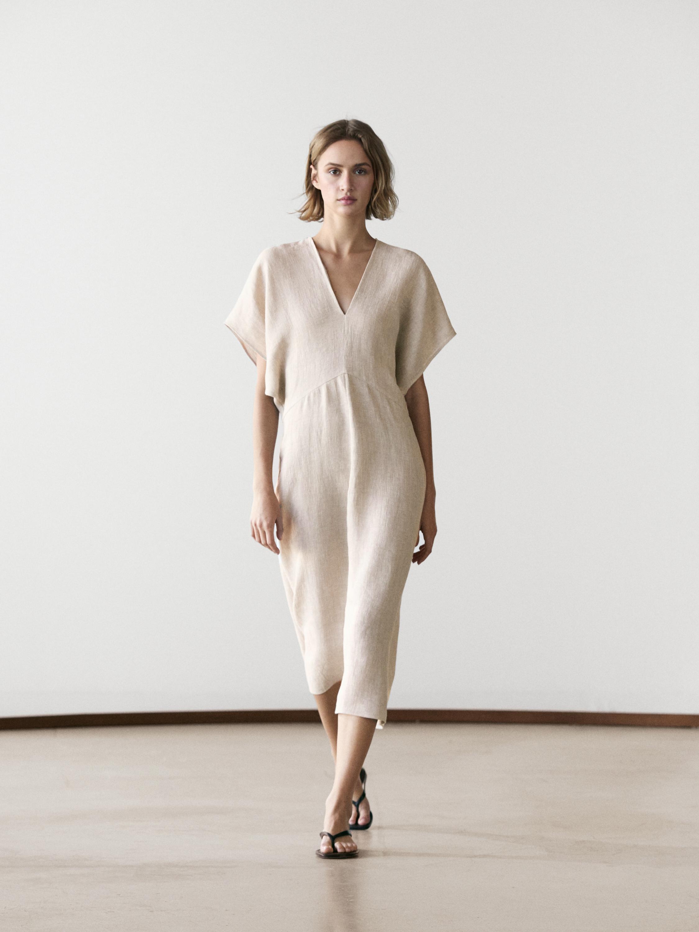 Lightweight Short Sleeve Linen Midi Dress - Cream - 4 - Massimo Dutti - Women Lightweight Short Sleeve Linen Midi Dress - Cream - 4 - Massimo Dutti - Women