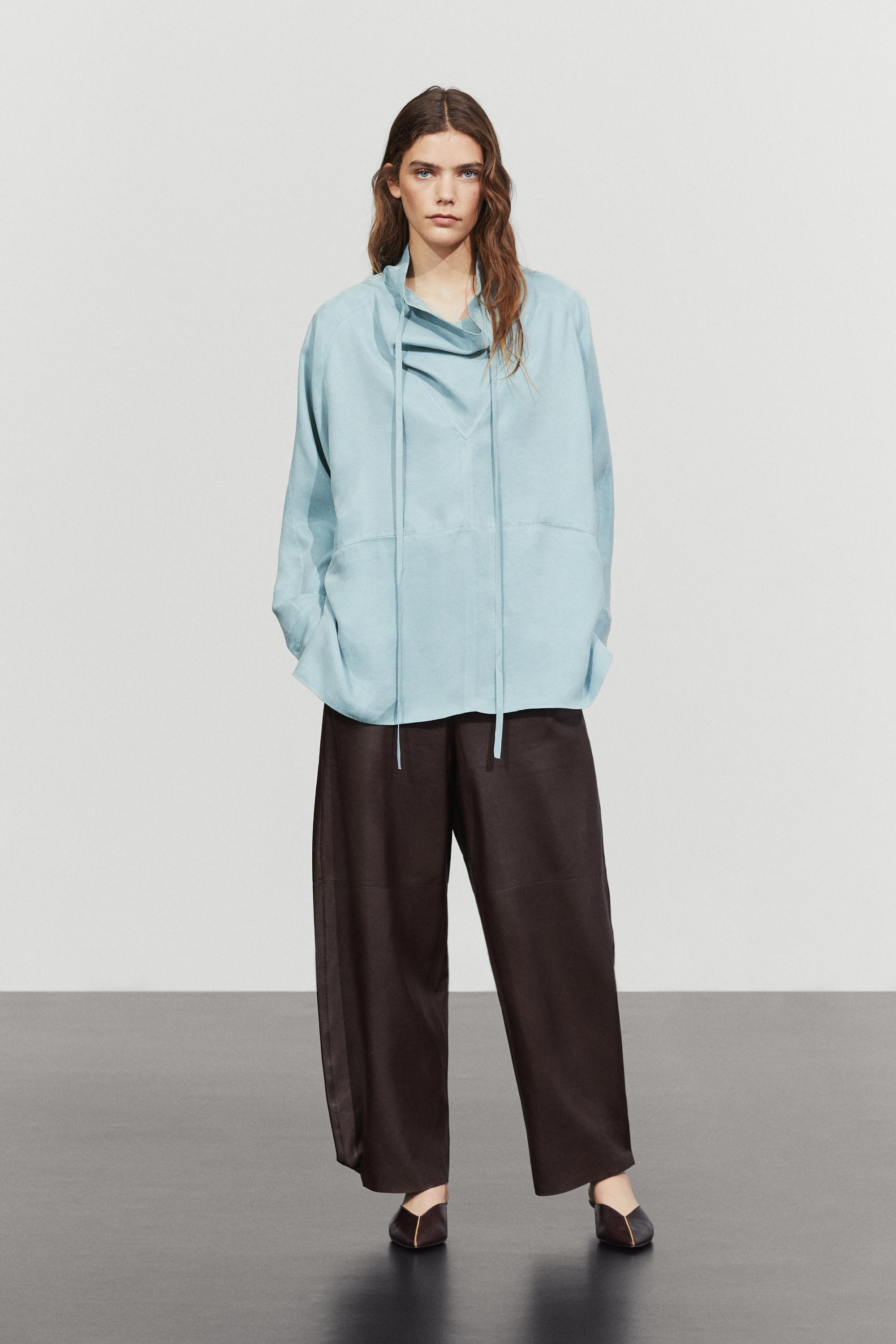 Flowing shirt with high collar and drawstring detail — GREY BLUE
