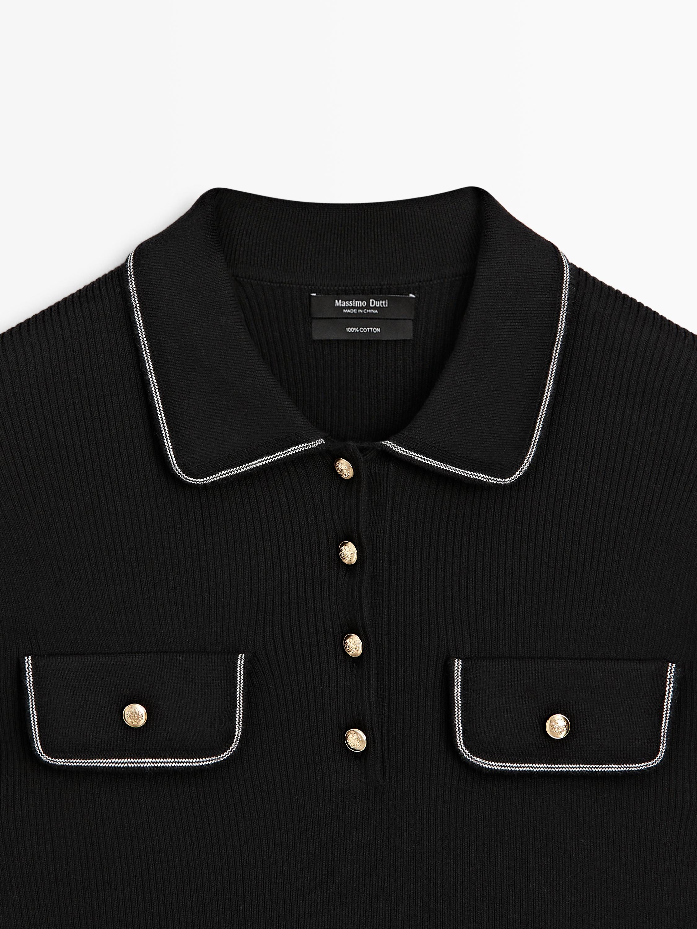 Cotton knit polo shirt with contrast detail — BLACK
