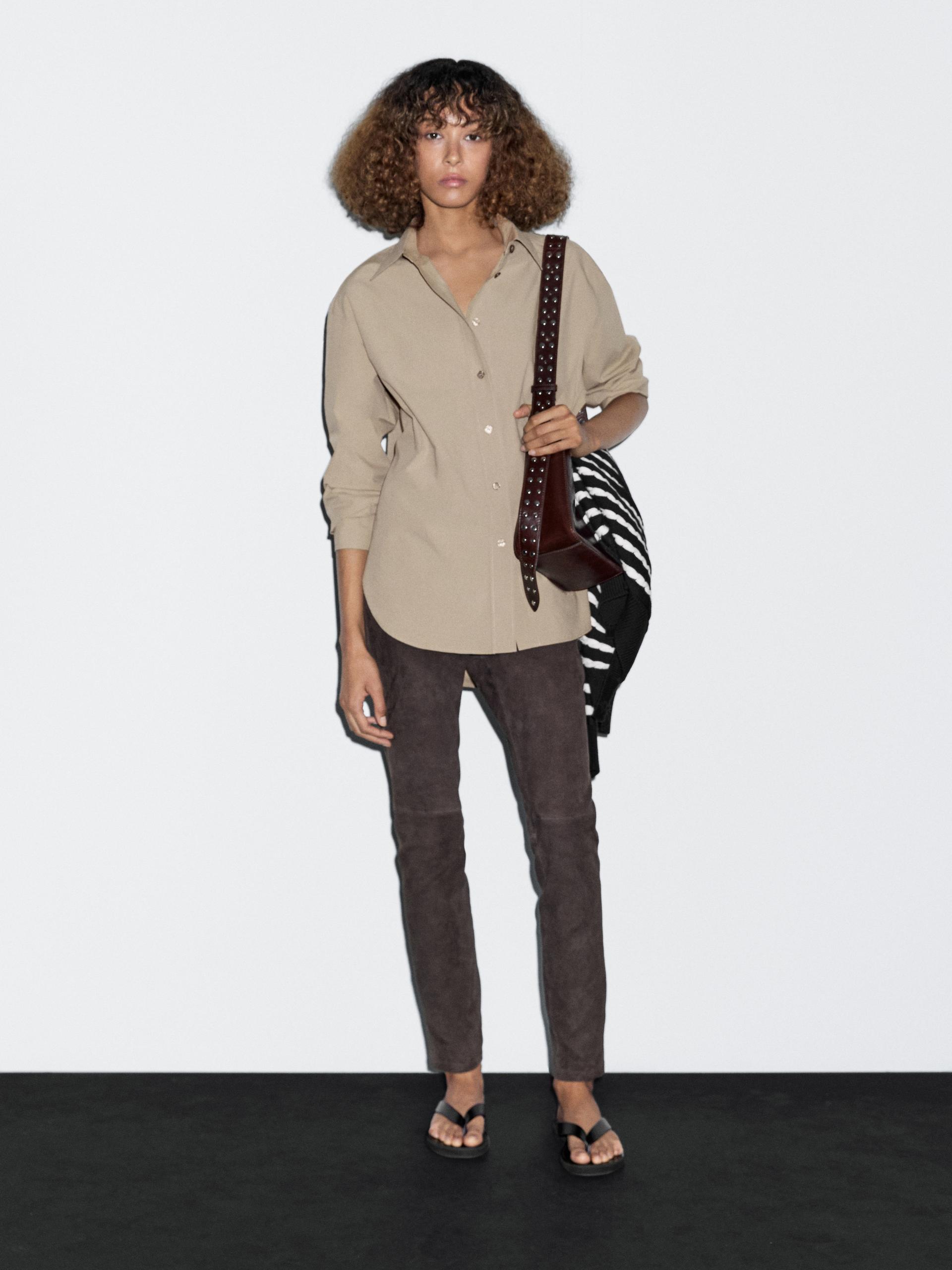 Długa Koszula Z Popeliny Ze 100% Bawełny - Miętowy - M - Massimo Dutti - Kobieta