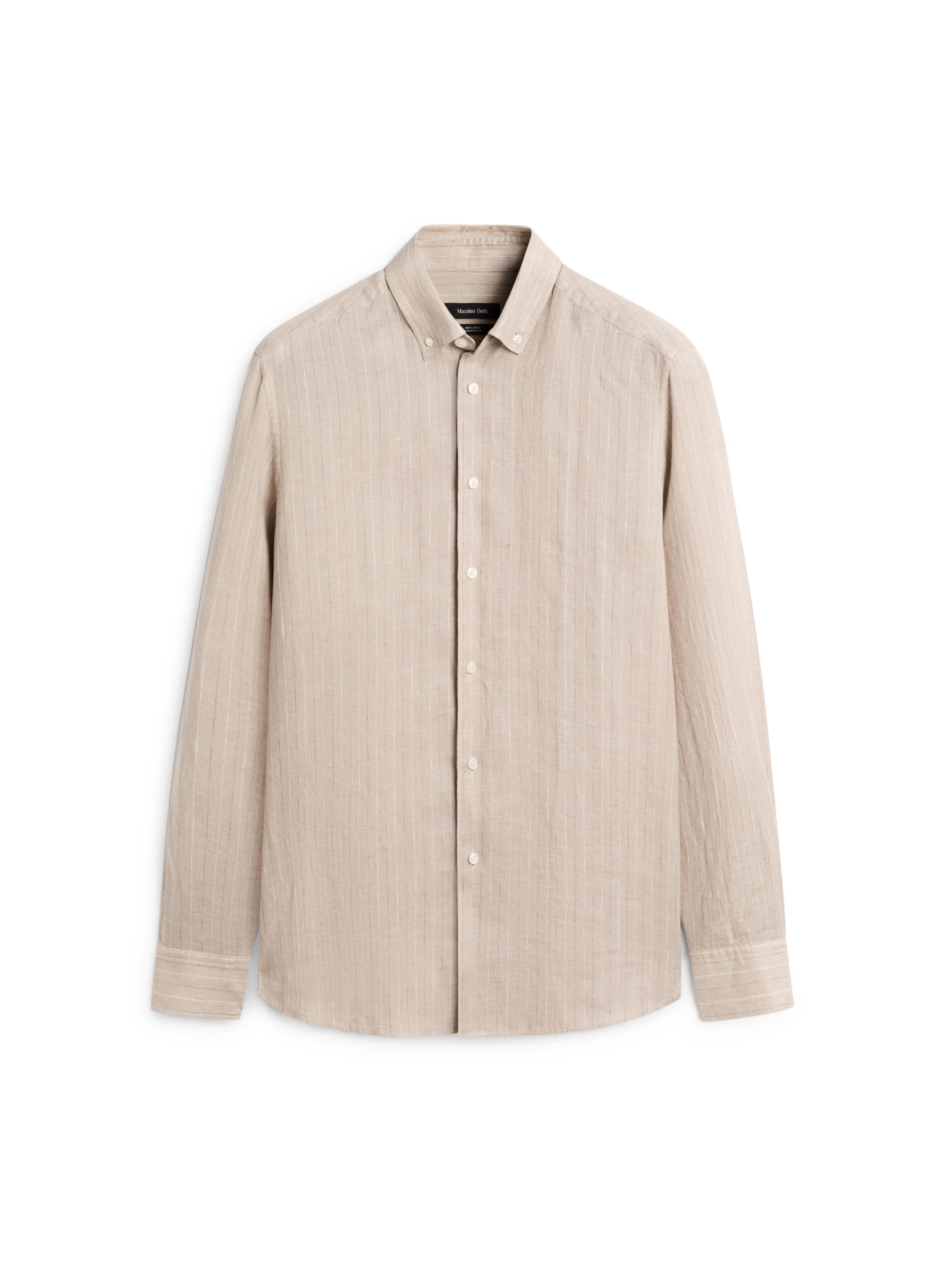 100% linen striped slim fit shirt — CAMEL