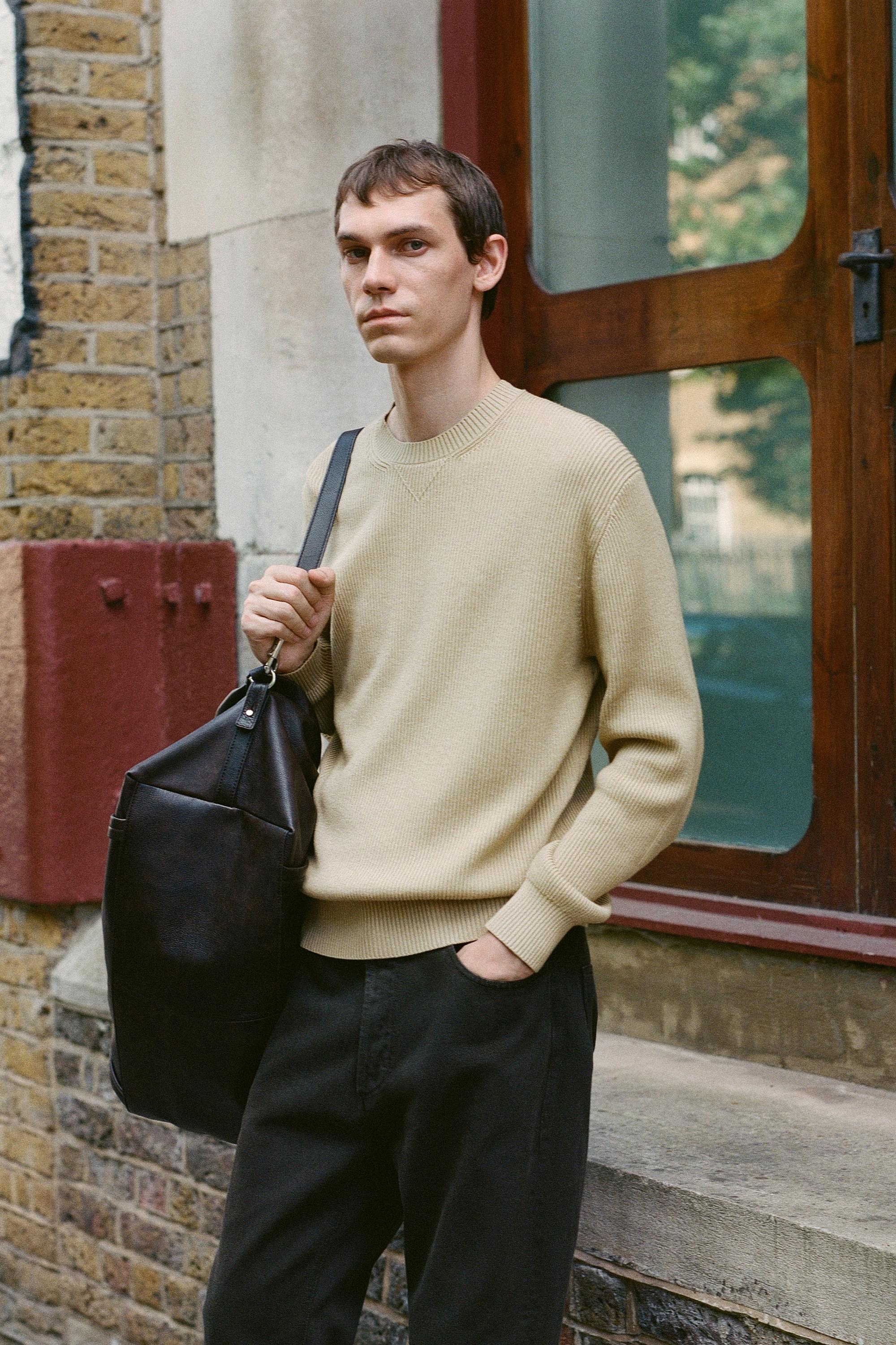 Cotton blend ribbed knit sweater — CREAM