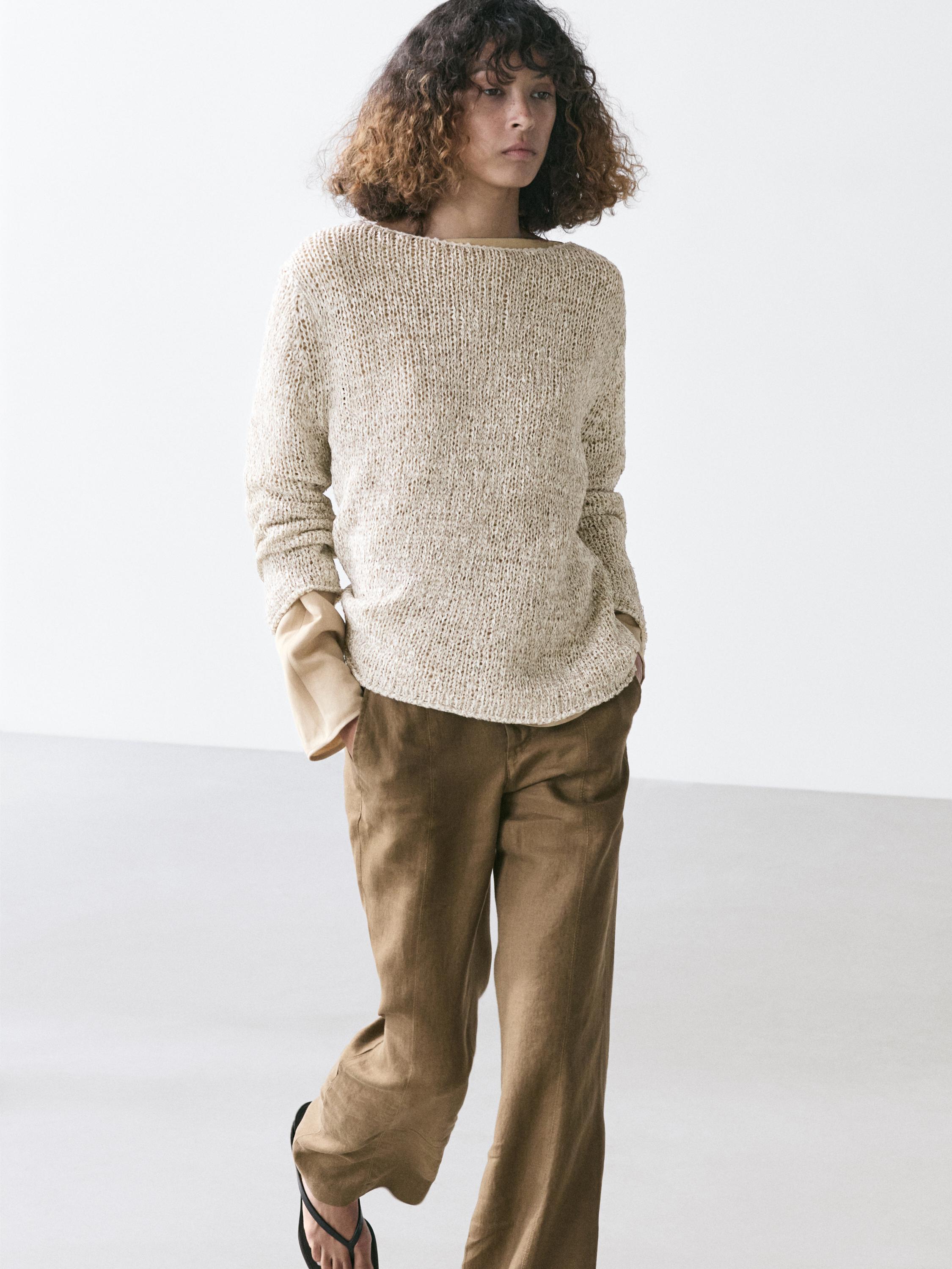 Boat neck knit sweater — BEIGE