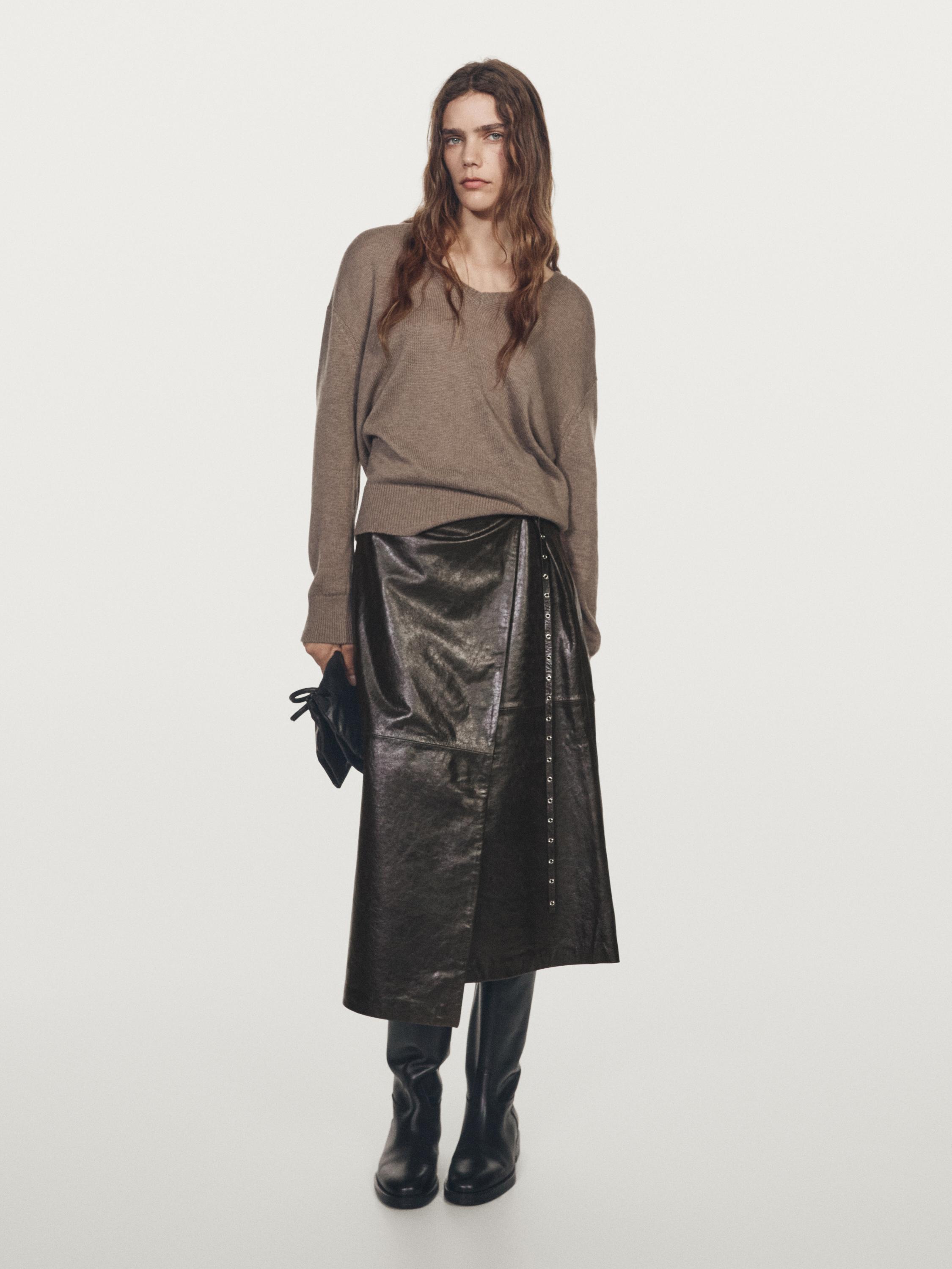Nappa leather wraparound midi skirt