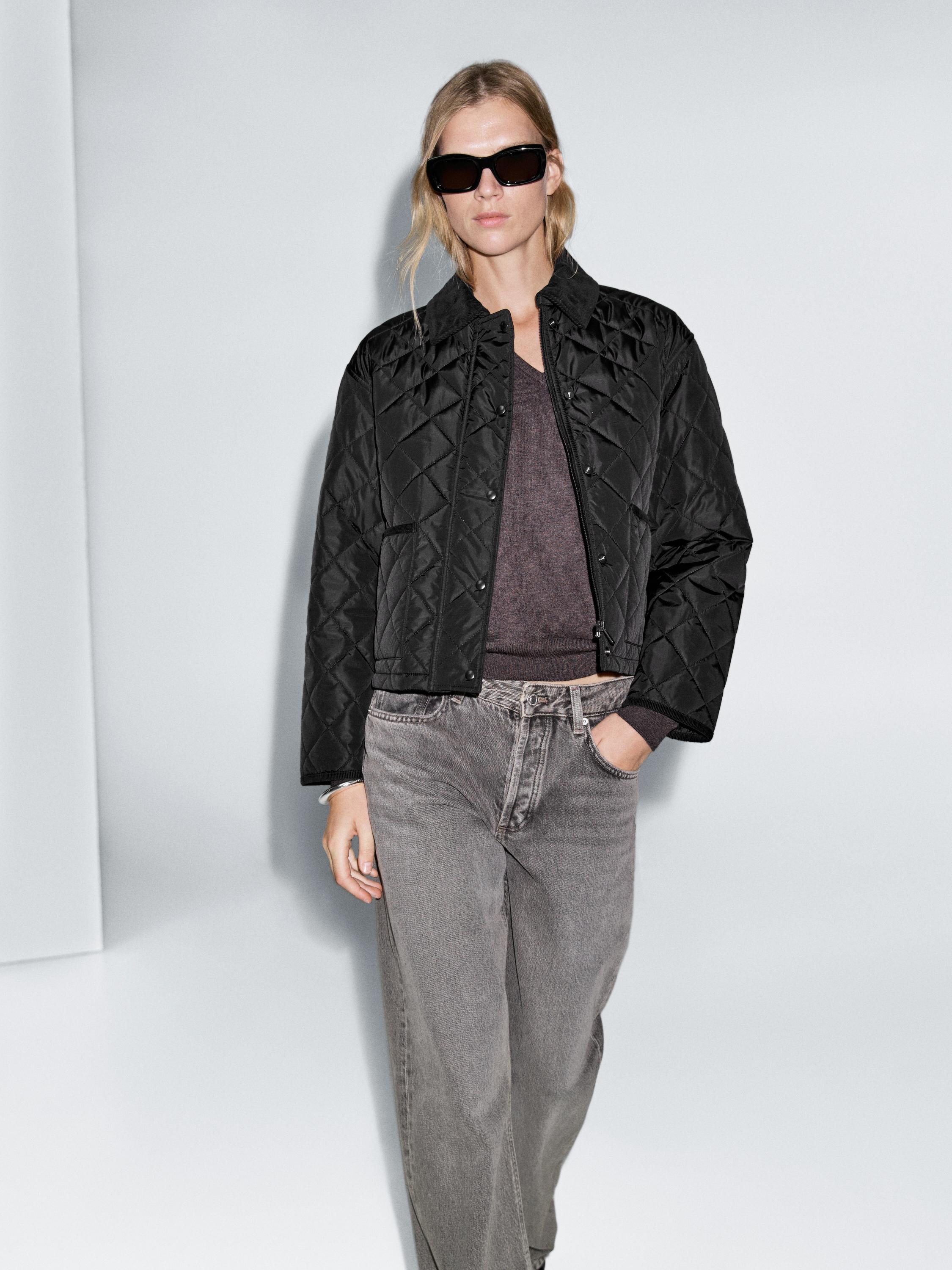 Short lightweight puffer jacket with corduroy detail
