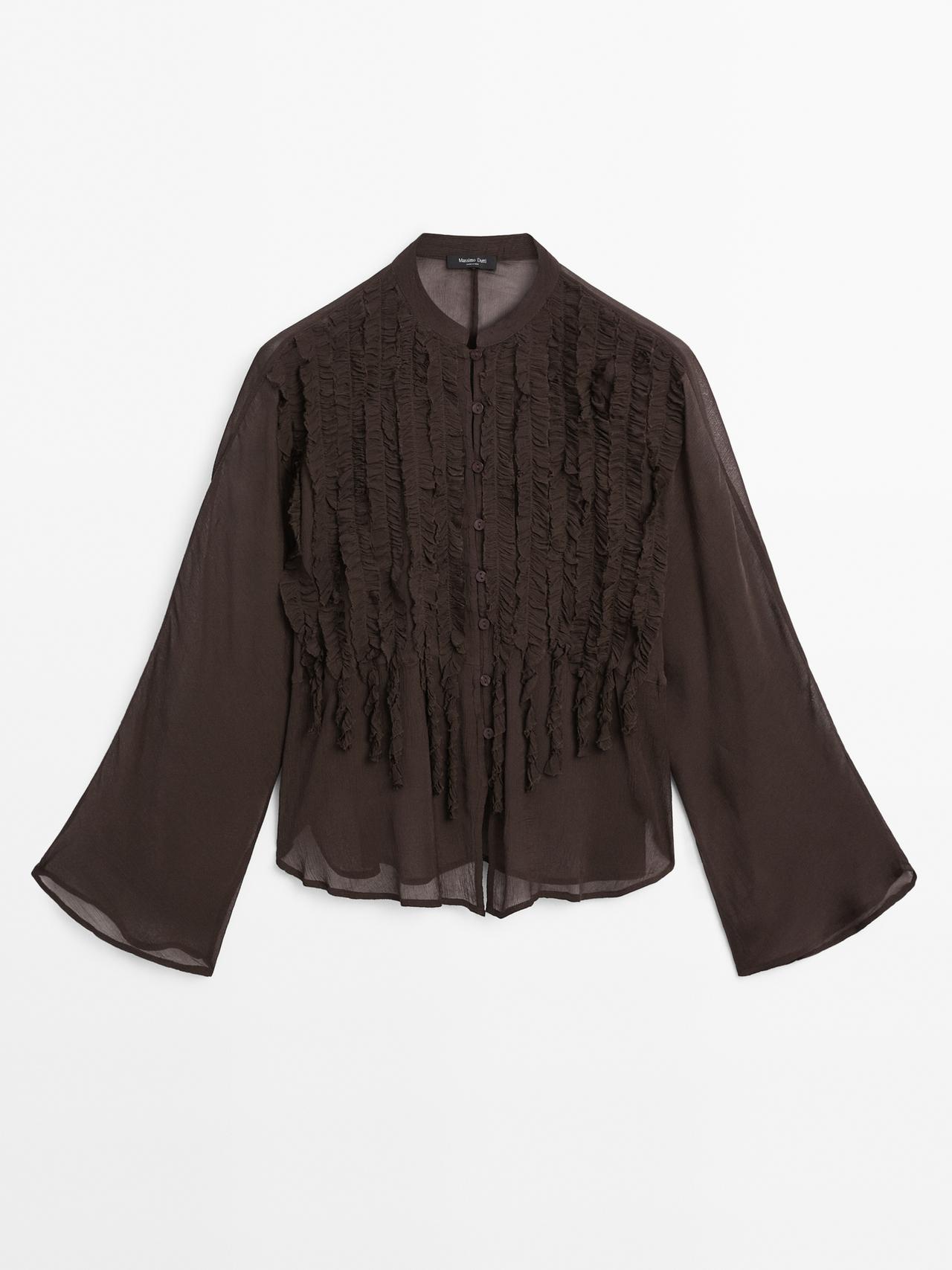 Massimo Dutti - Dame - Løstsiddende Skjorte Med Bærestykke Foran Og Flæser - Aubergine - Xs