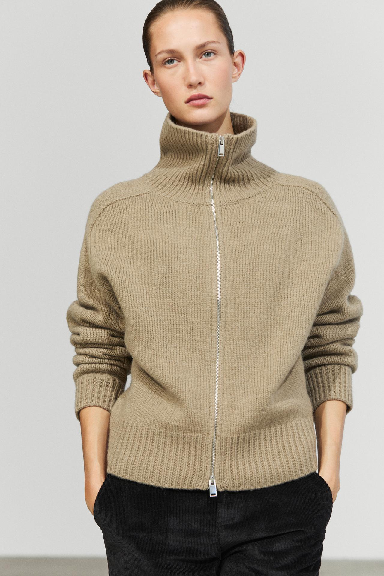 100% wool knit zip-up cardigan — GREENISH
