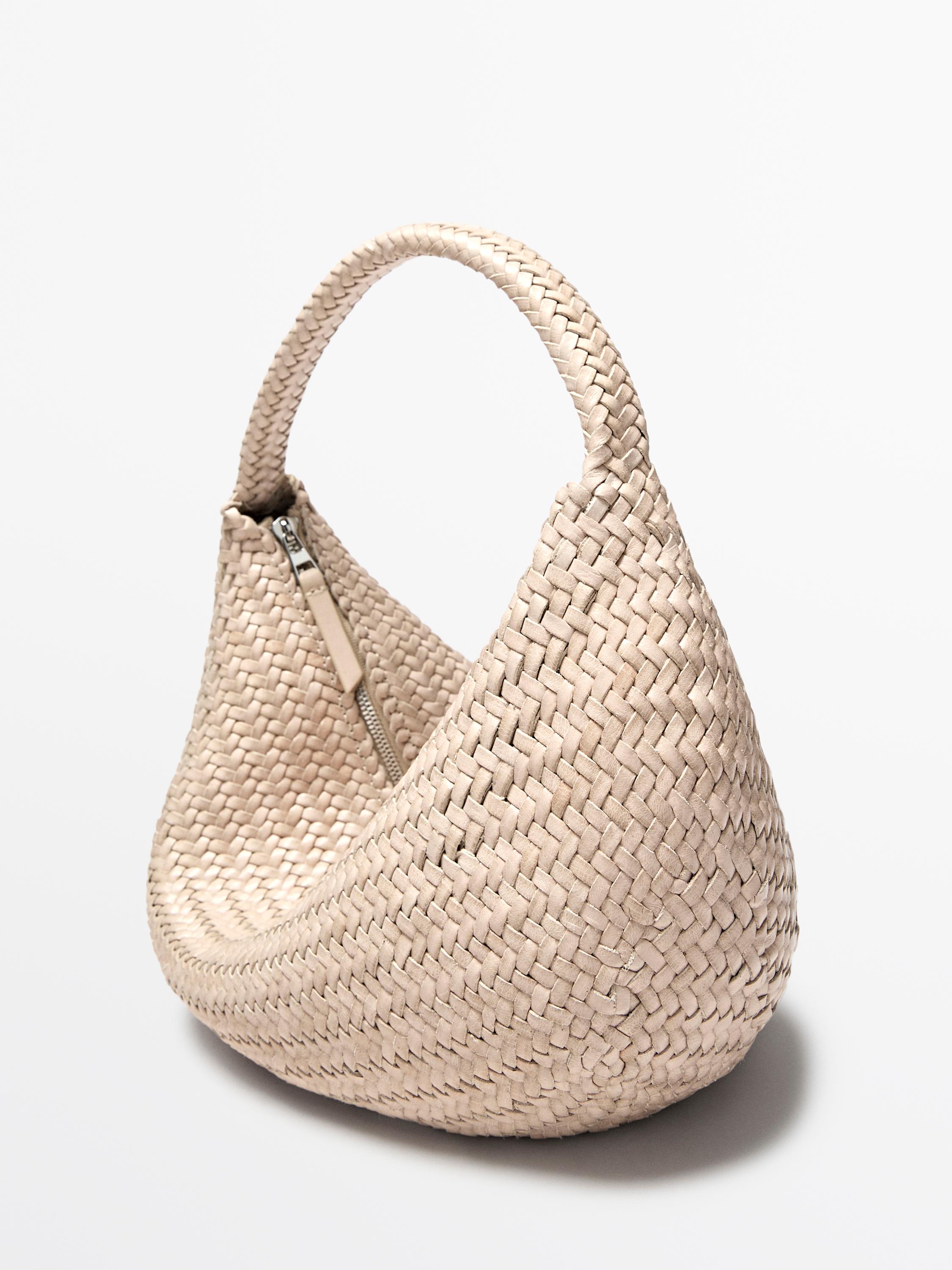 Braided leather half-moon bag — CREAM