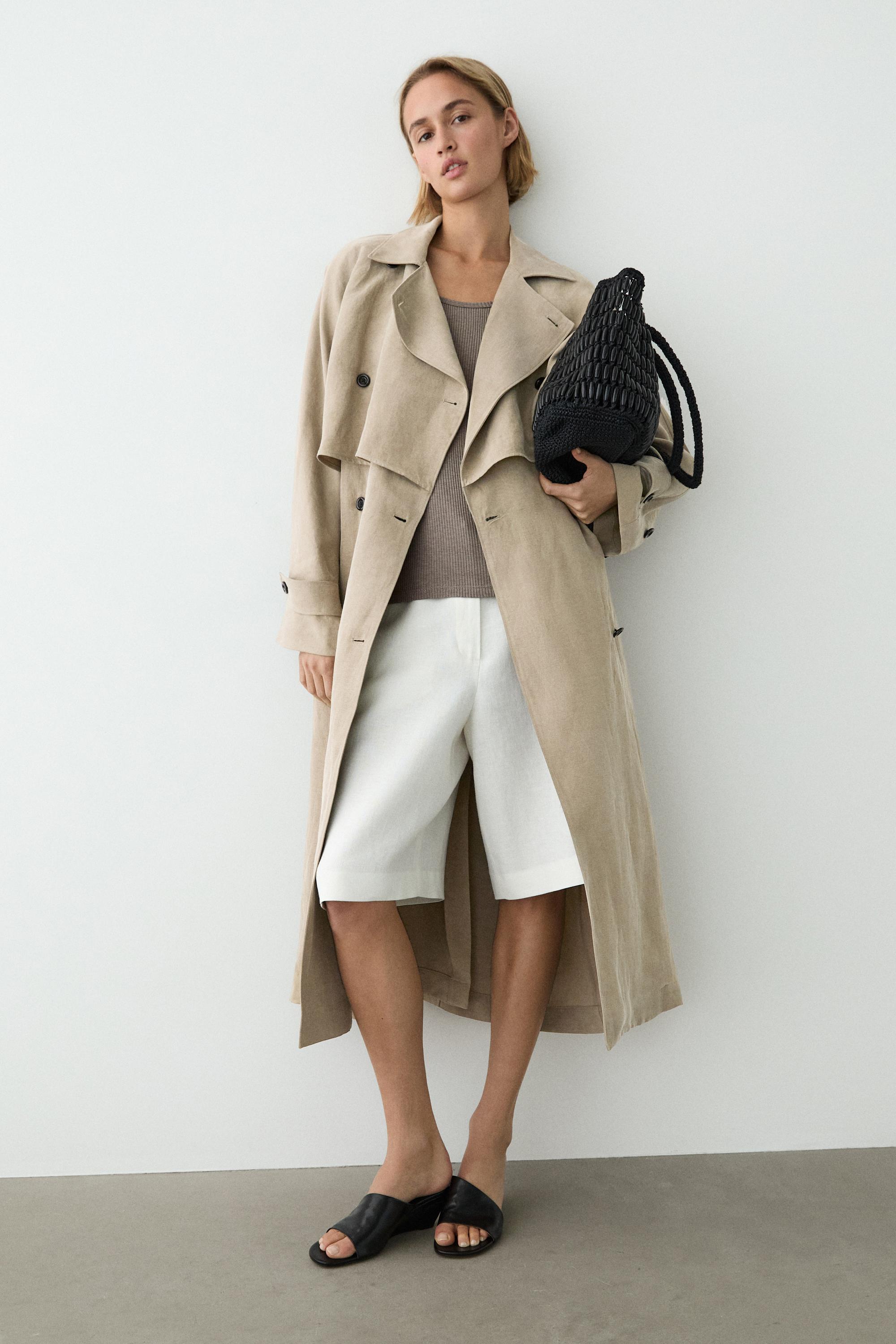 Linen blend trench coat with belt detail — SAND BROWN