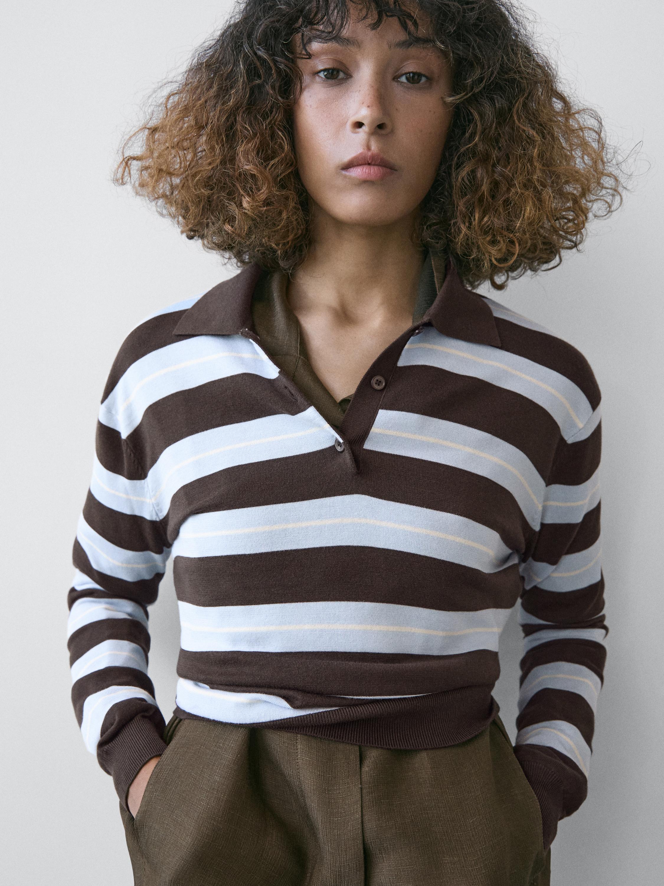 Cotton striped knit polo sweater · Brown · Sweaters | Massimo Dutti