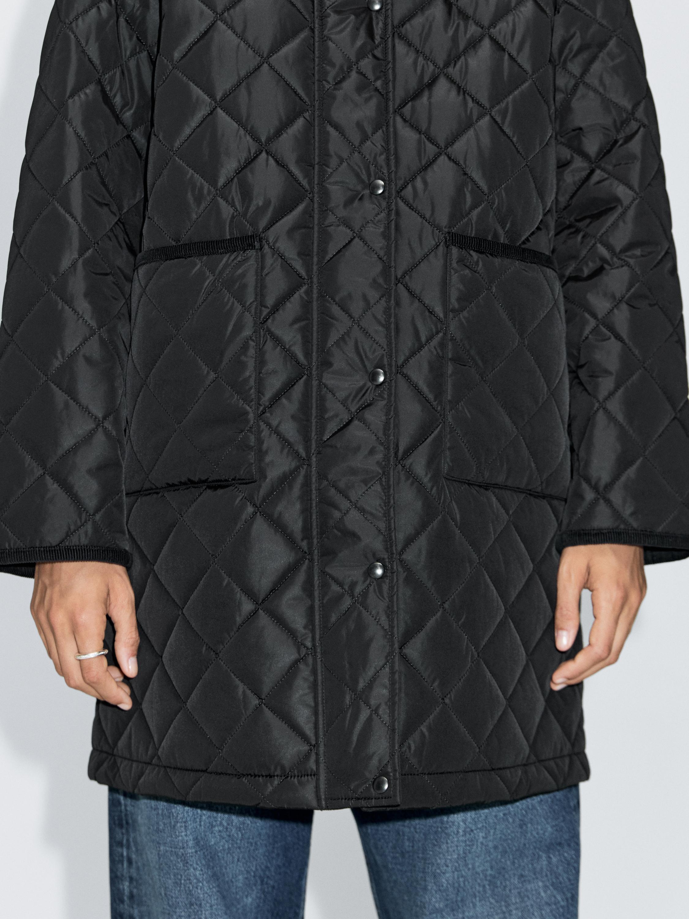 Long lightweight puffer jacket with corduroy detail