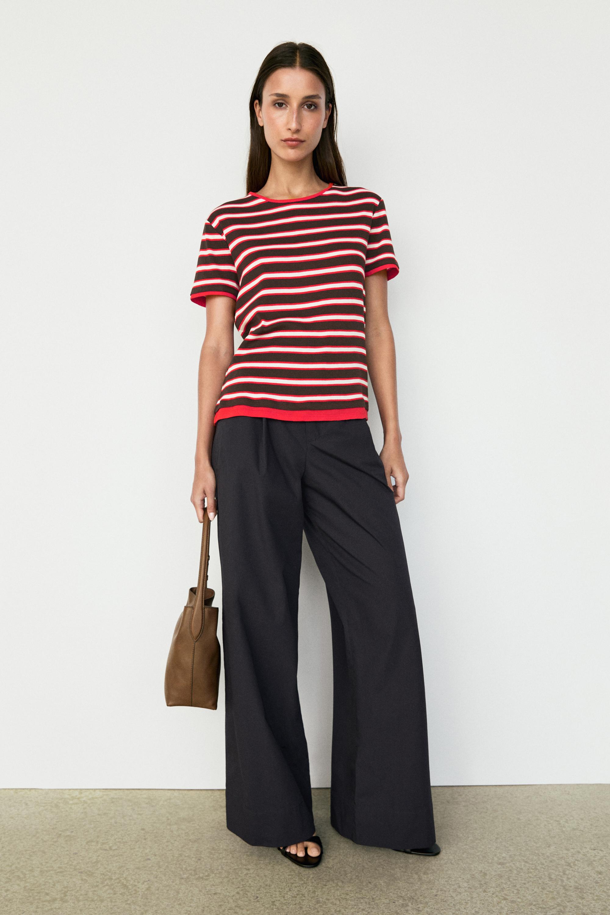 100% cotton short sleeve striped T-shirt — RED