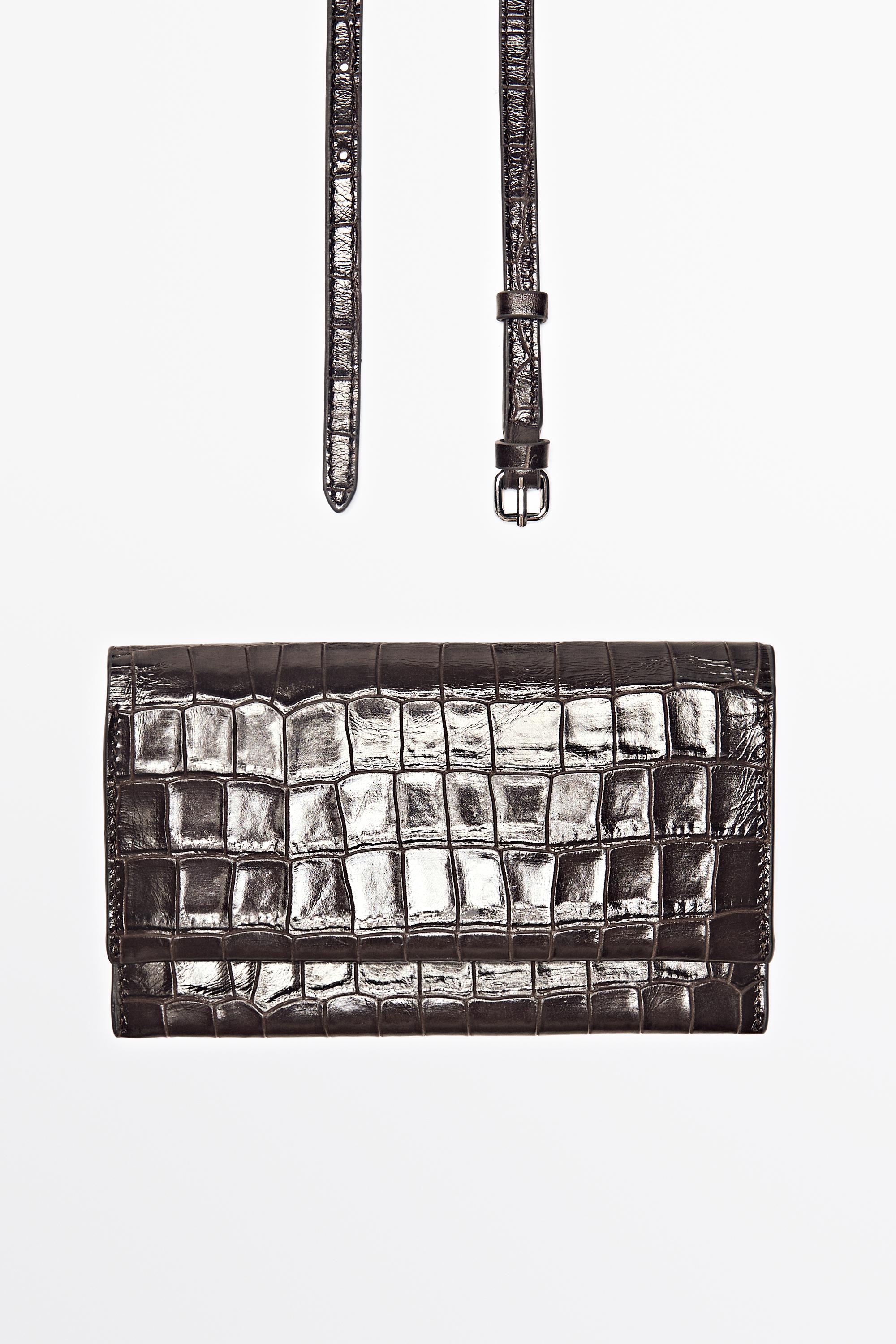 Crocodile-embossed leather belt bag — BROWN