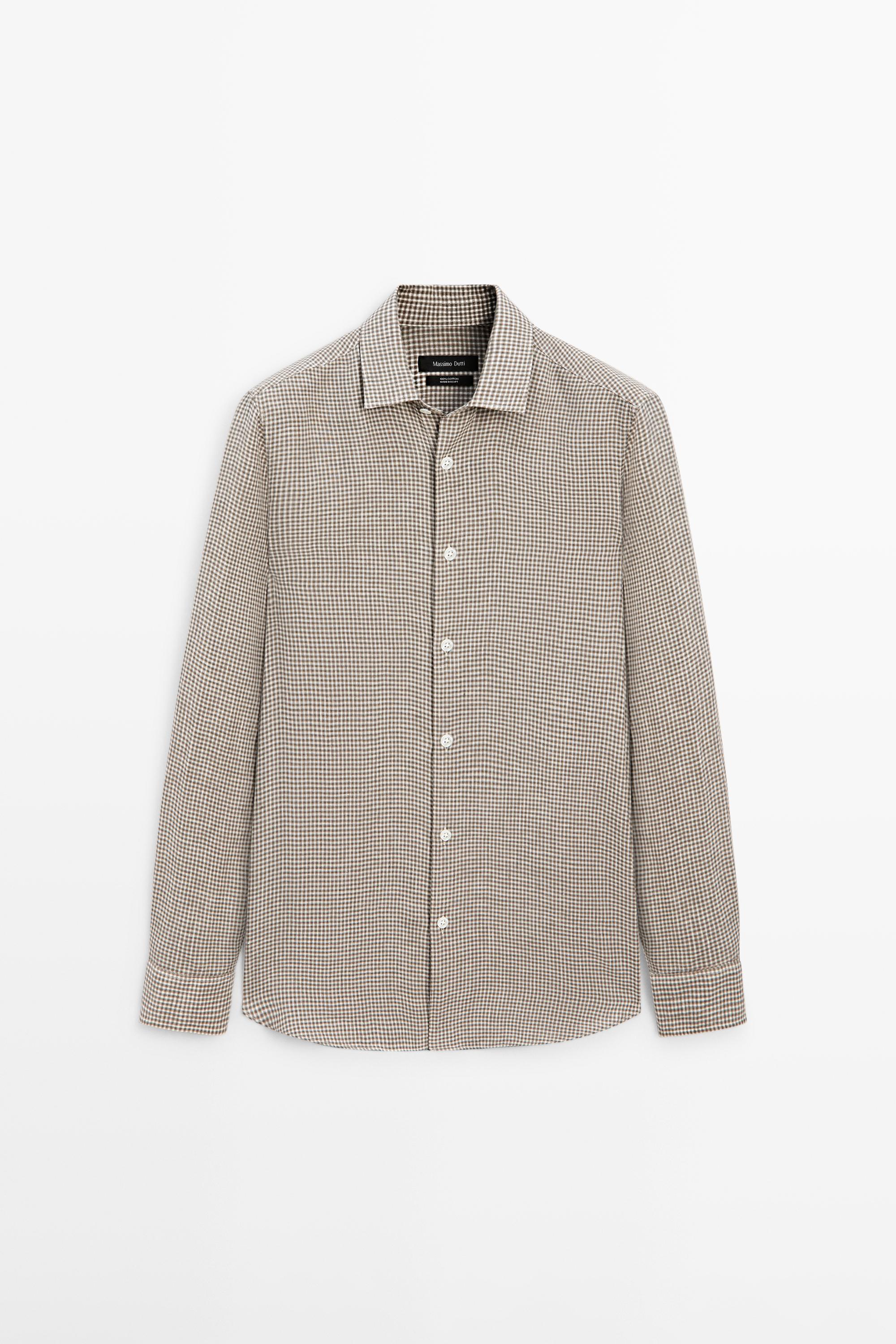 100% linen regular fit check shirt — BROWN