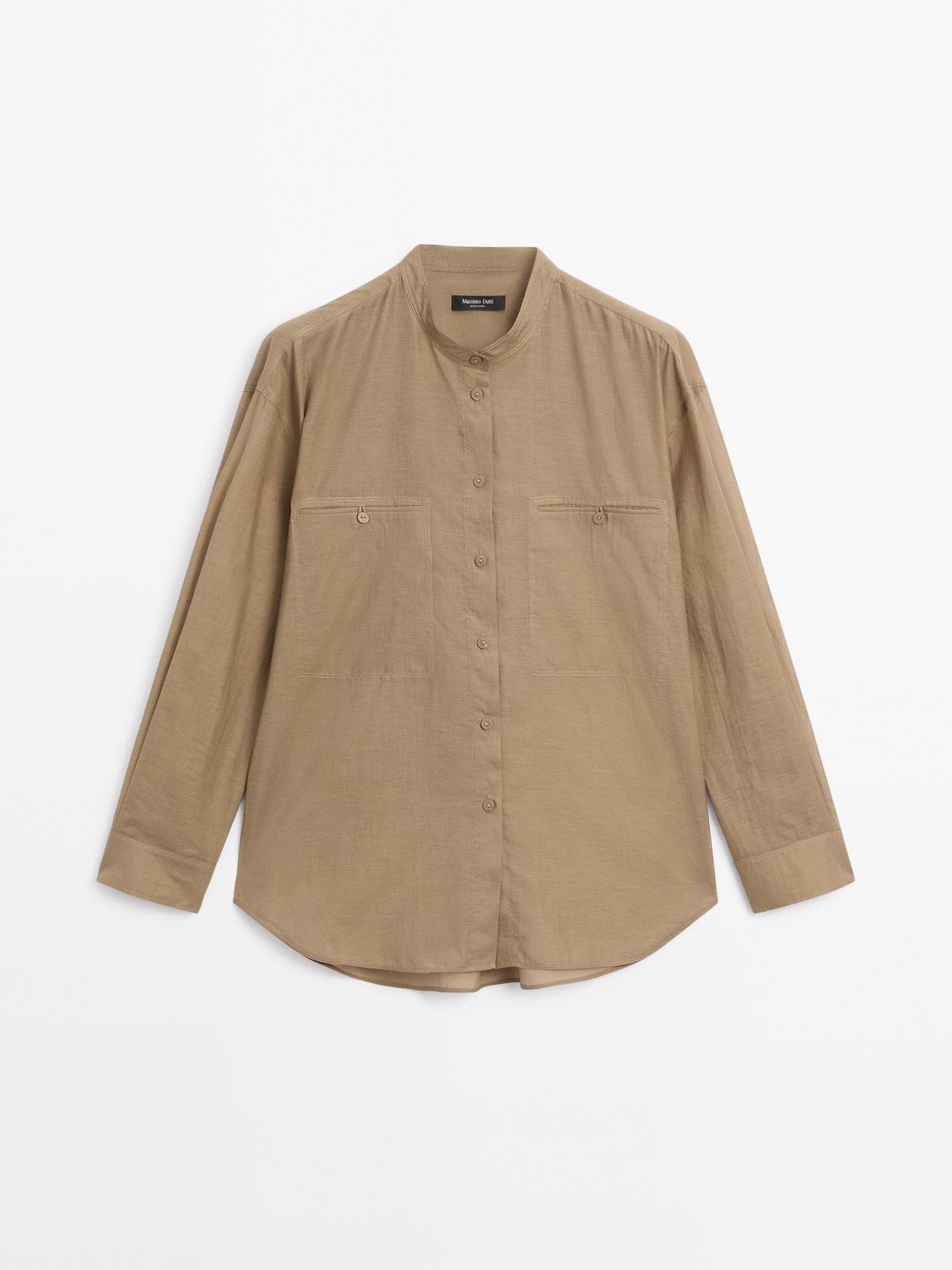 Massimo Dutti - Dame - Lang Skjorte Med Ståkrave - Kaki - L