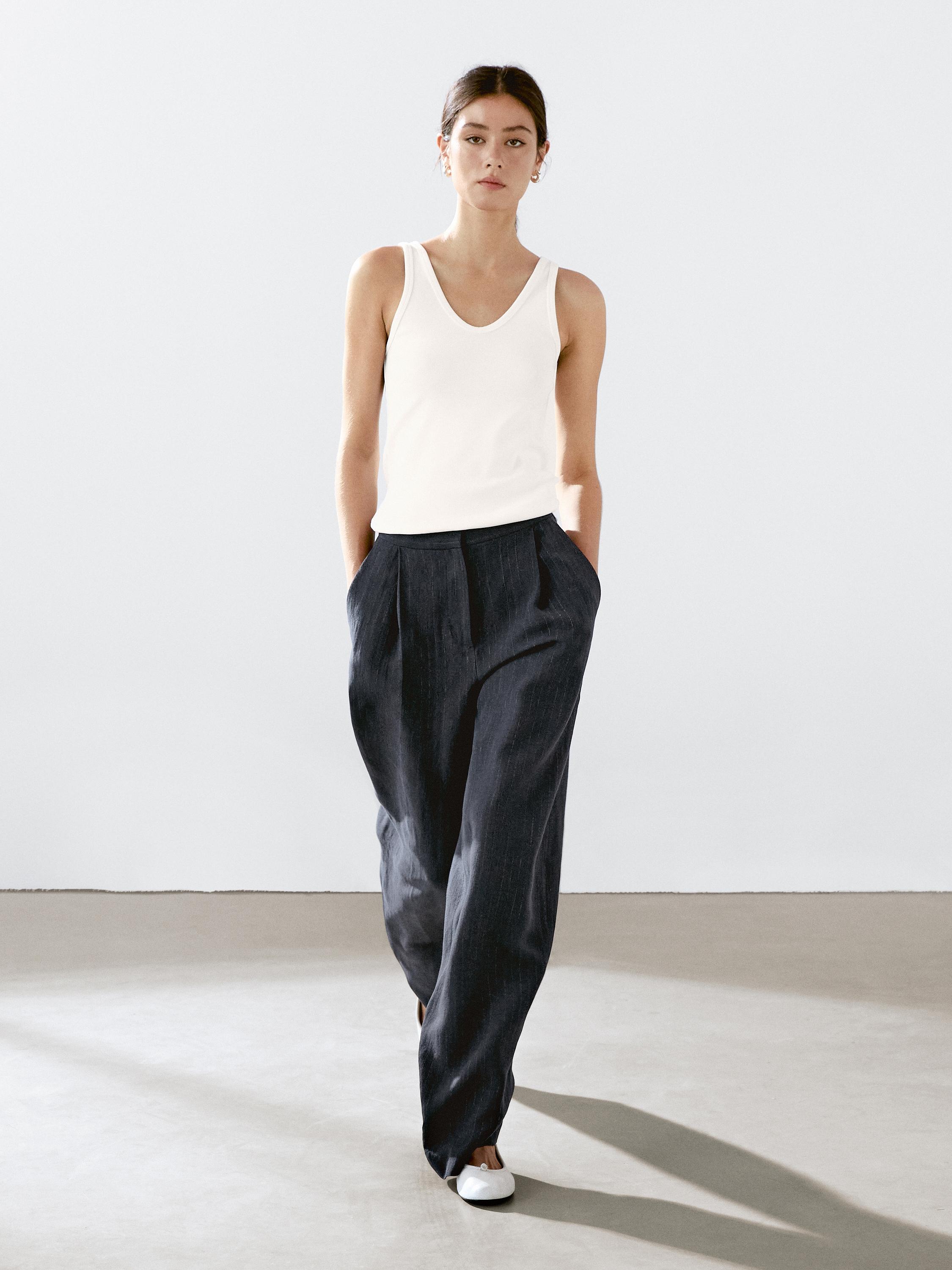 Linen blend pinstripe trousers
