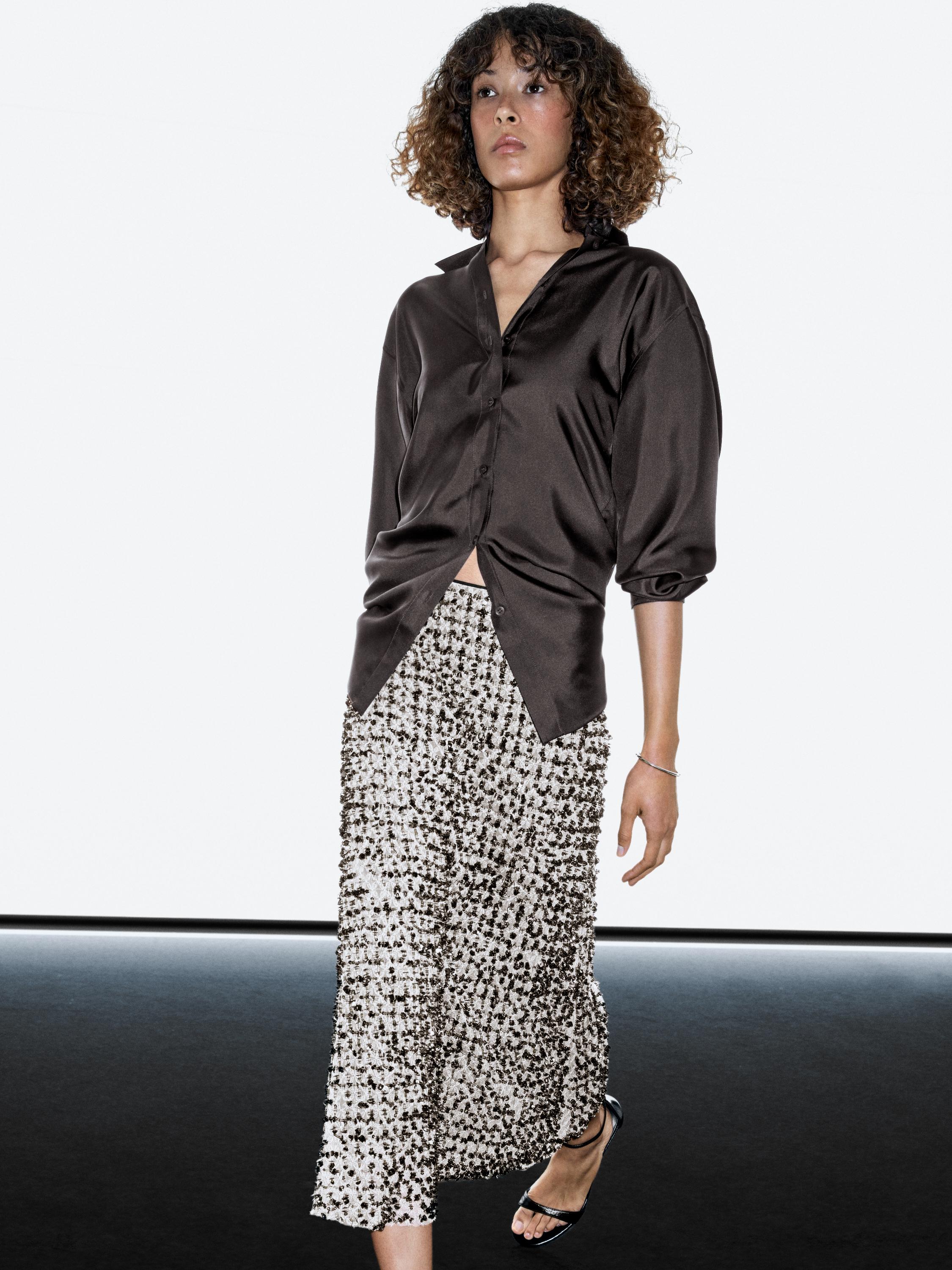 Embroidered rhinestone midi skirt