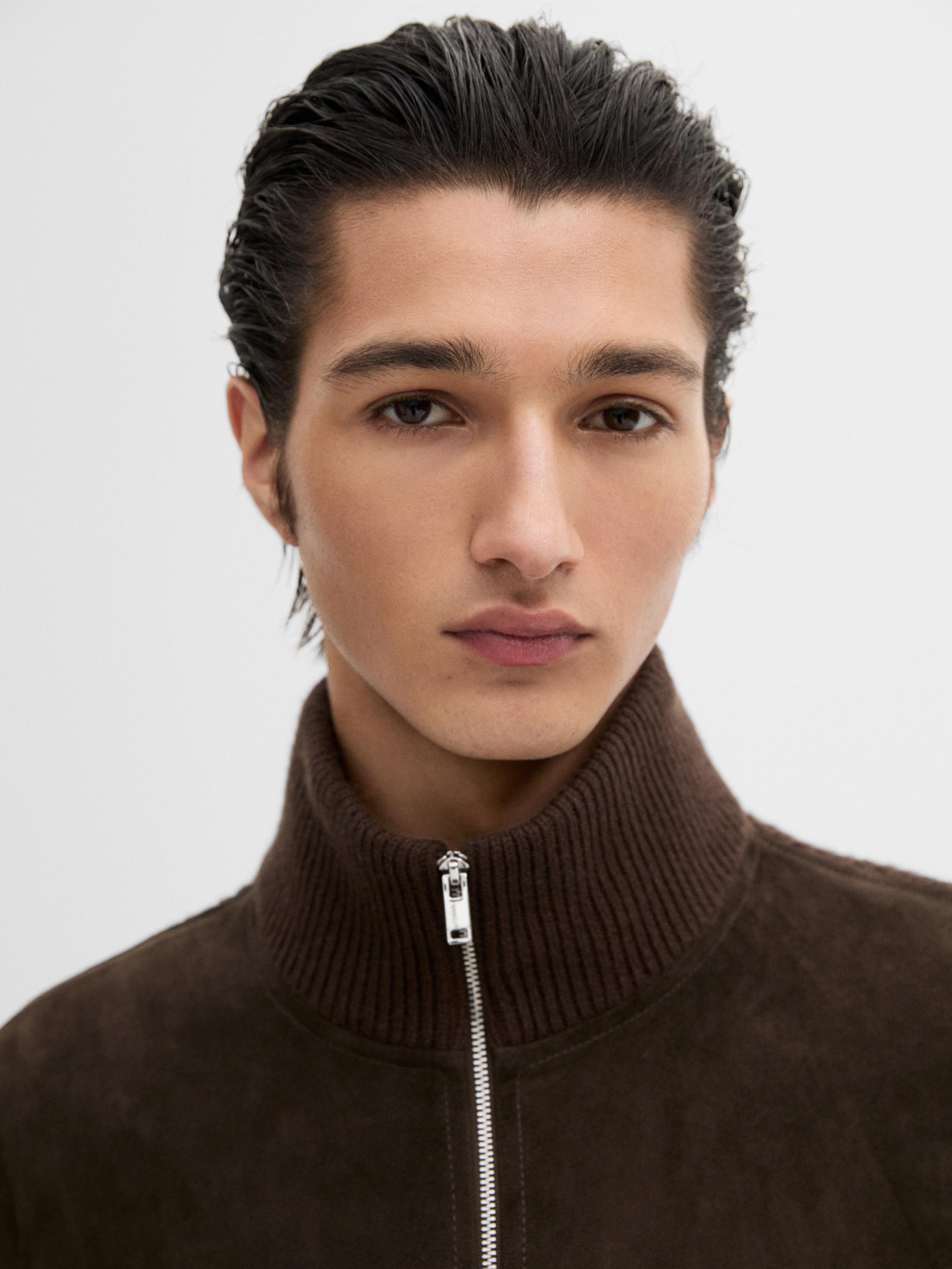 Contrast knit suede leather jacket