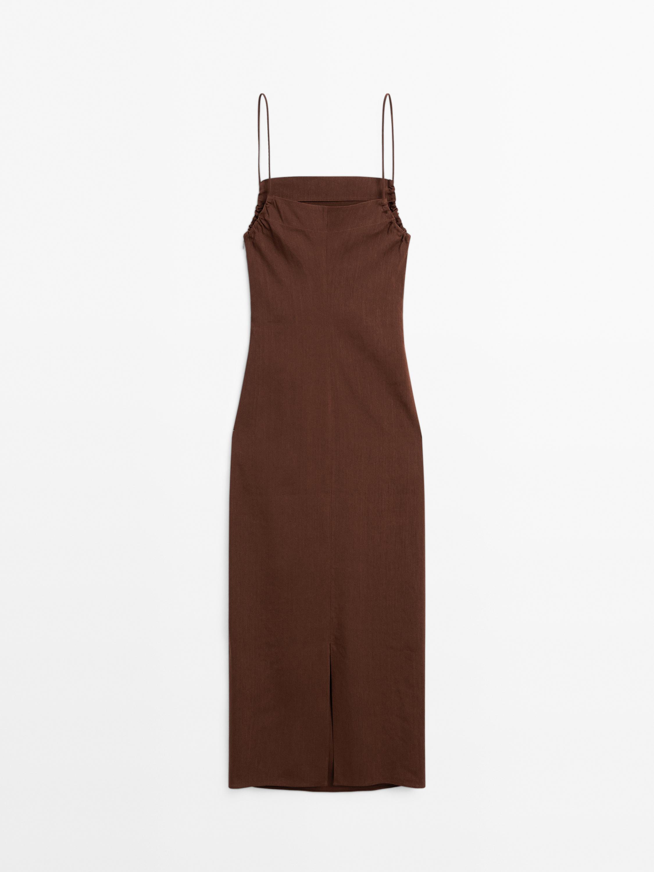 Gathered linen blend midi dress