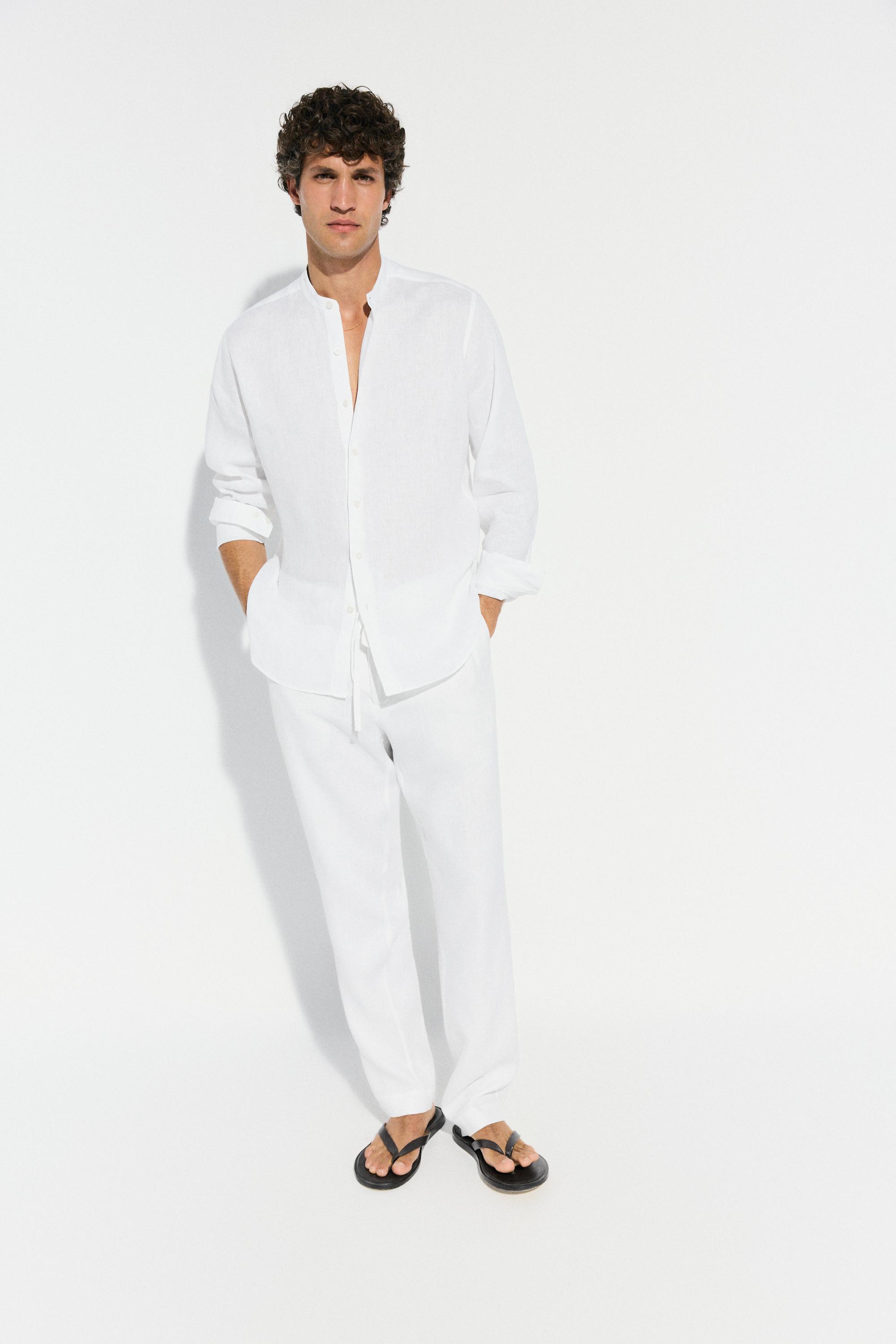 100% linen regular fit stand collar shirt — WHITE