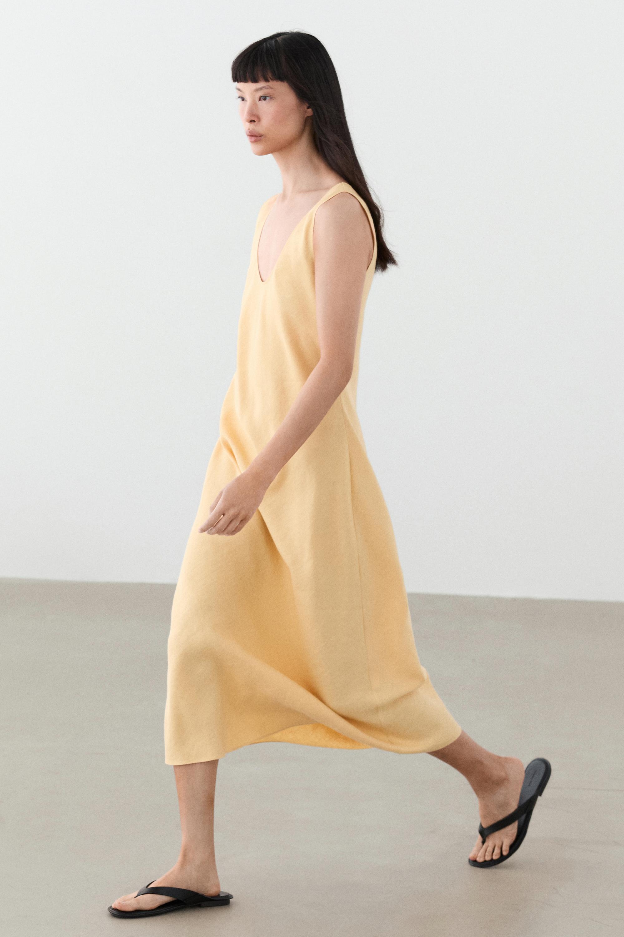 100% linen strappy midi dress — YELLOW