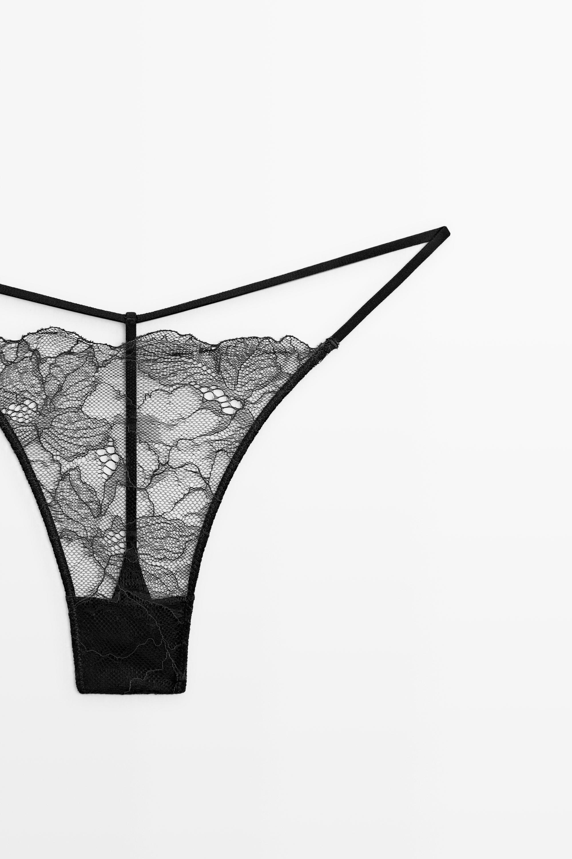 Wavy-trim lace thong — BLACK