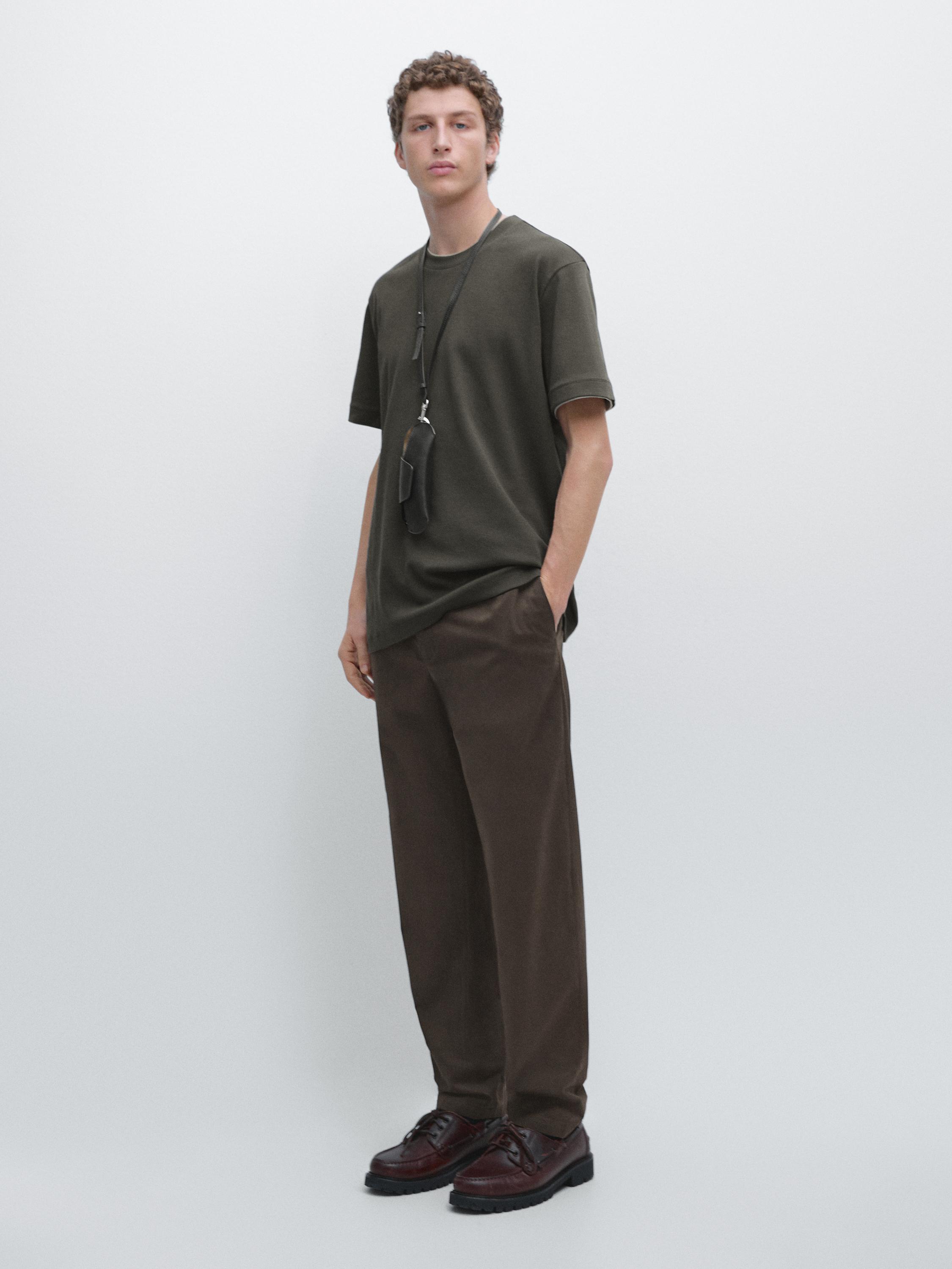 100% cotton T-shirt with contrast neckline — KHAKI