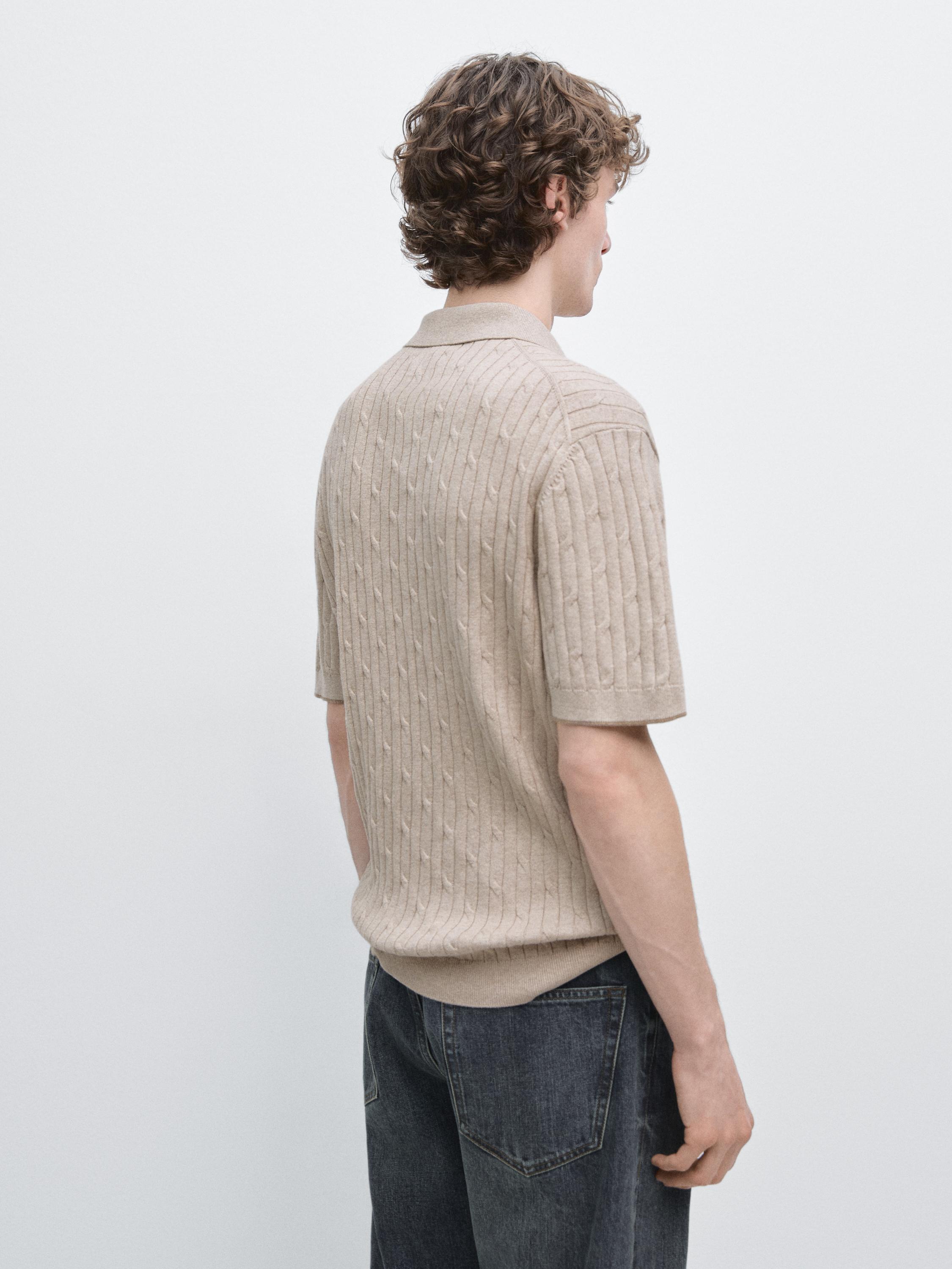Cotton blend cable-knit polo sweater — BEIGE