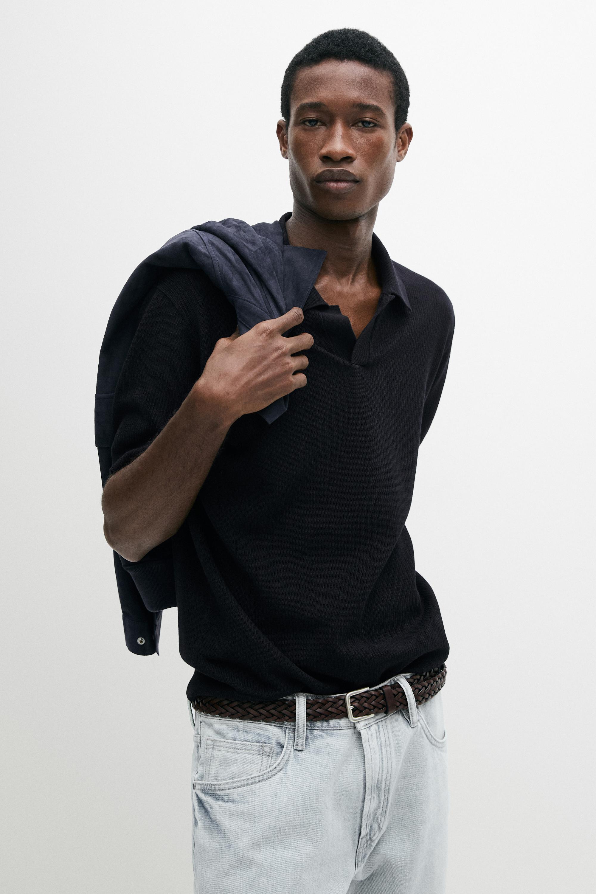 100% cotton knit polo sweater — NAVY BLUE