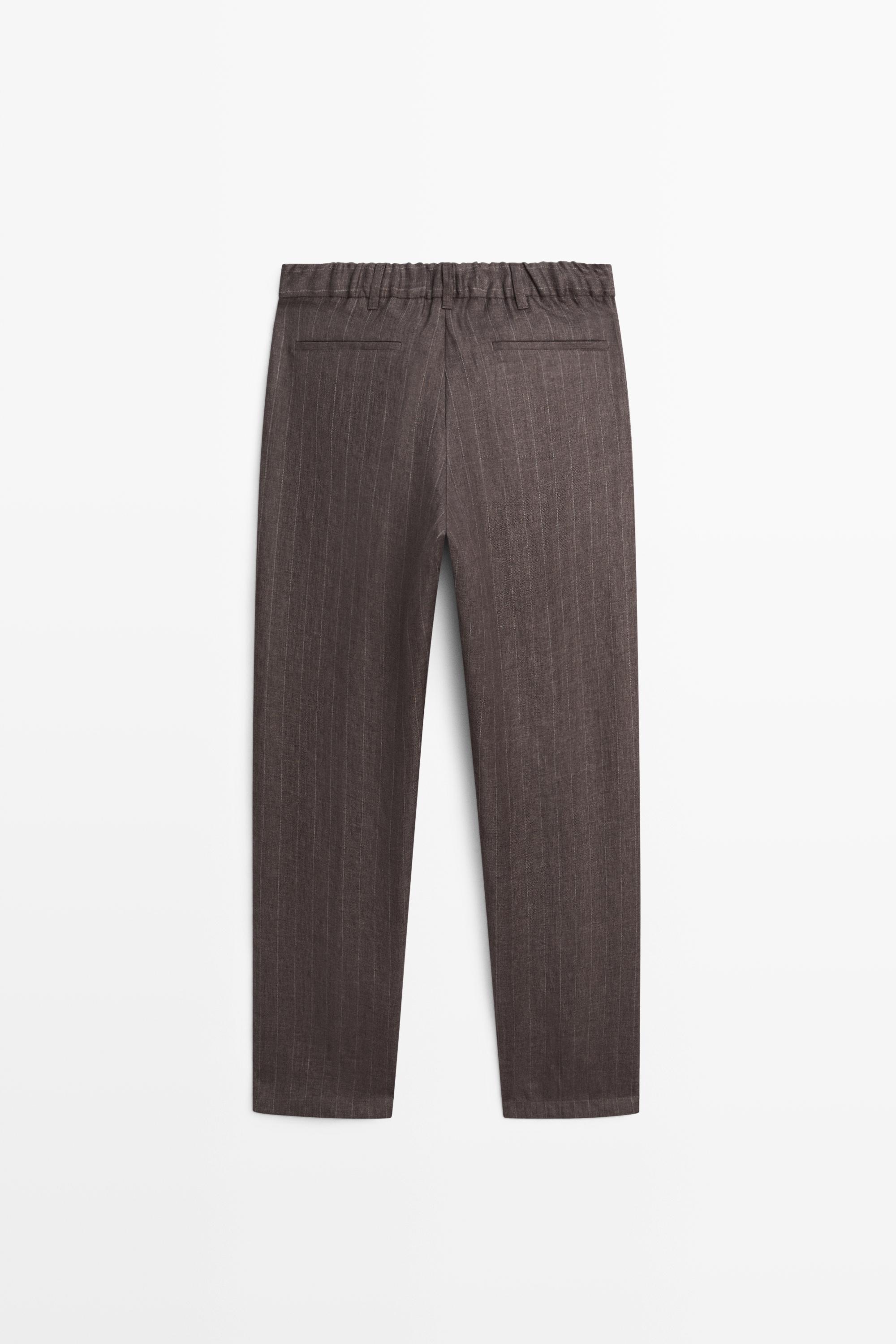 100% linen striped straight-leg pants — BROWN
