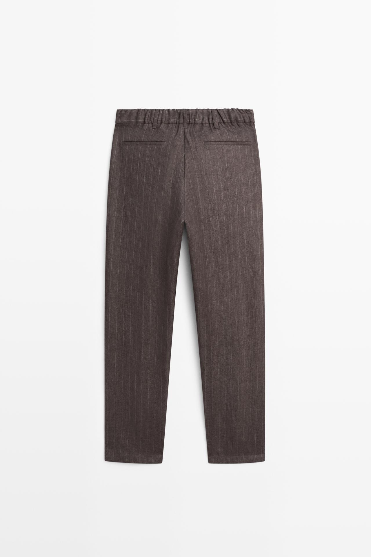 100% linen striped straight-leg pants — BROWN
