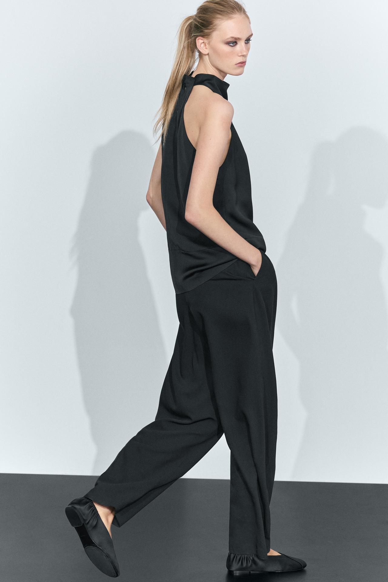 Flowing halter neck top with waistband effect — BLACK