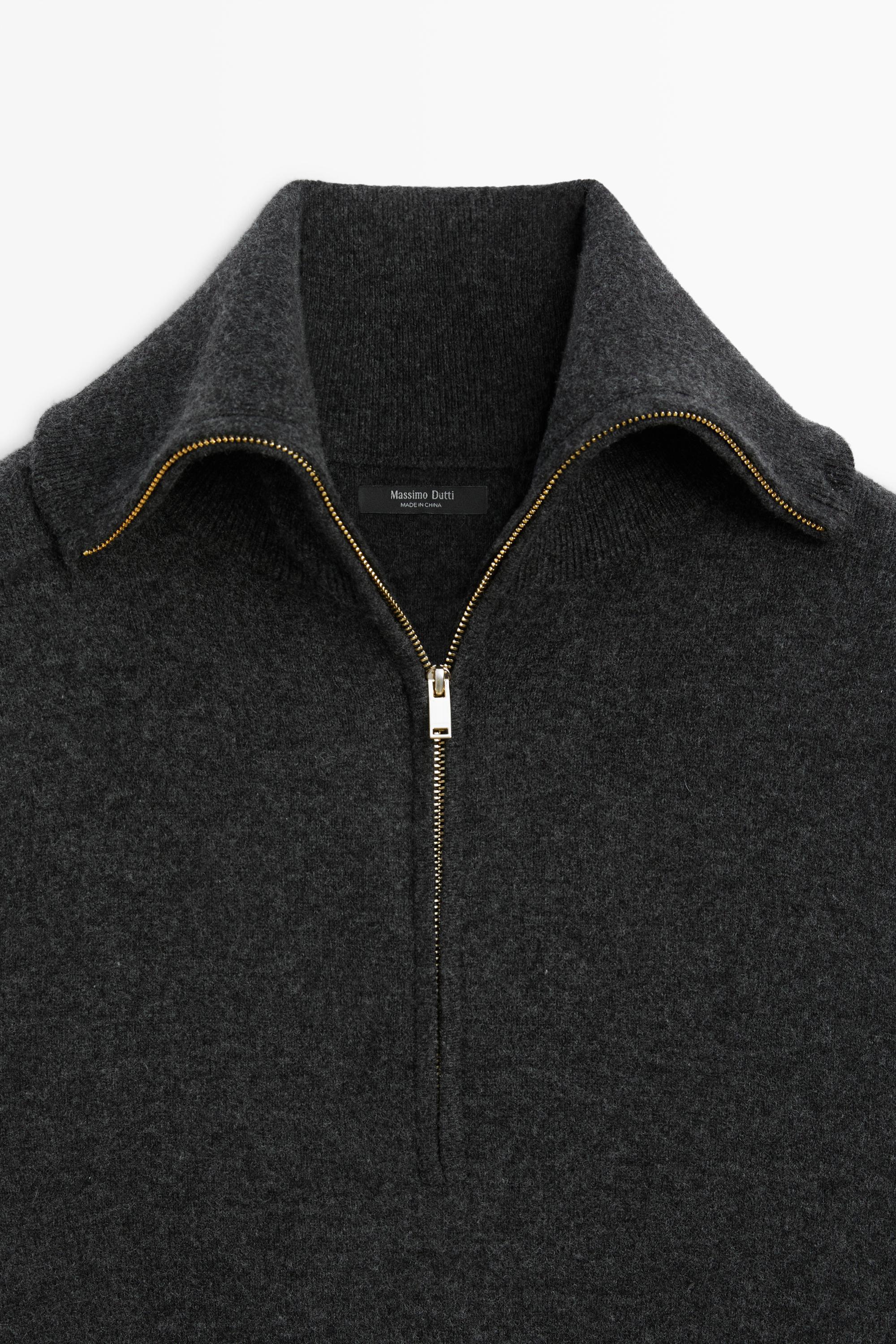 Wide collar zip-up knit sweater — ANTHRACITE GREY