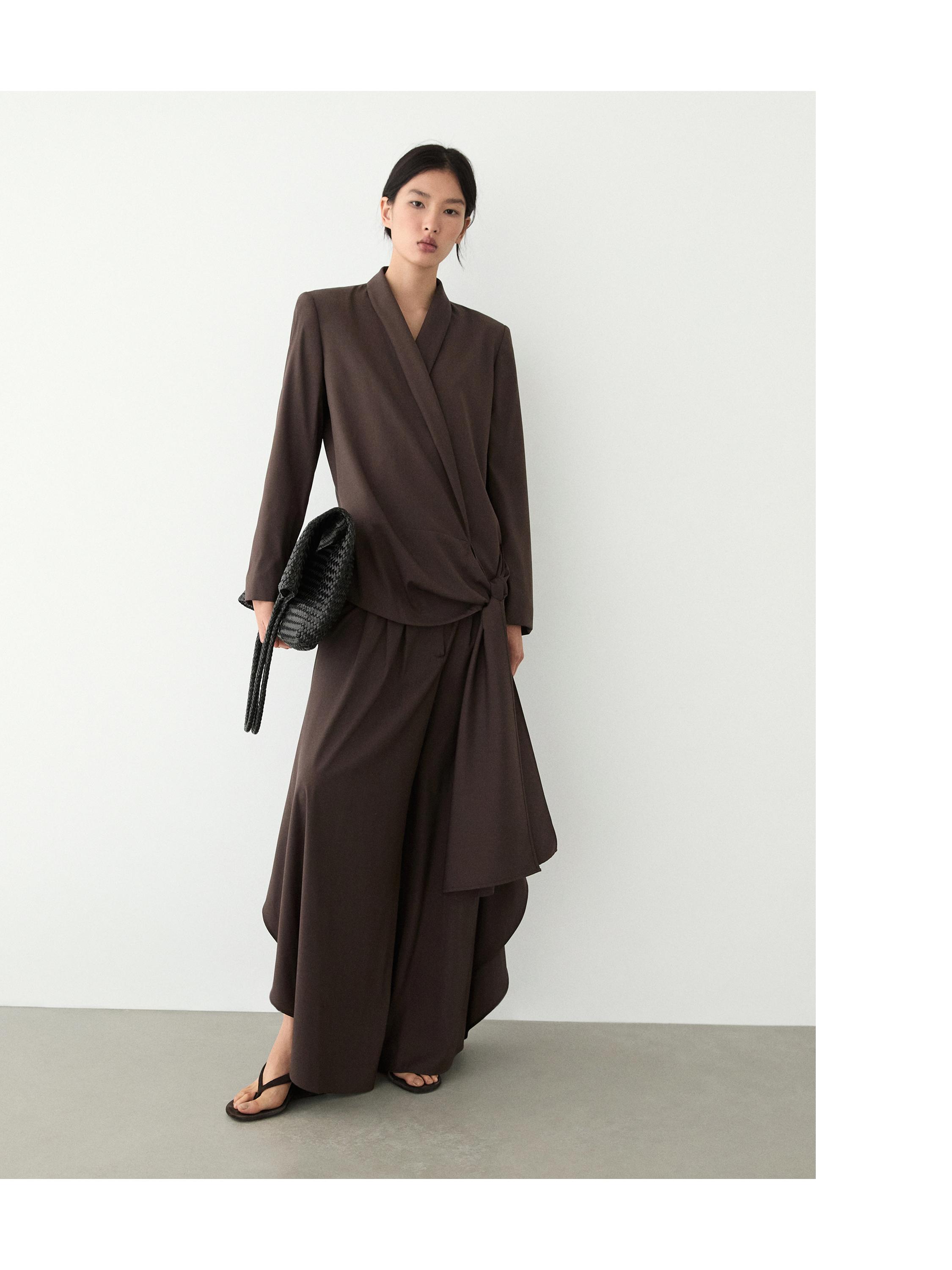 Wool blend blazer with tie detail — Chocolate