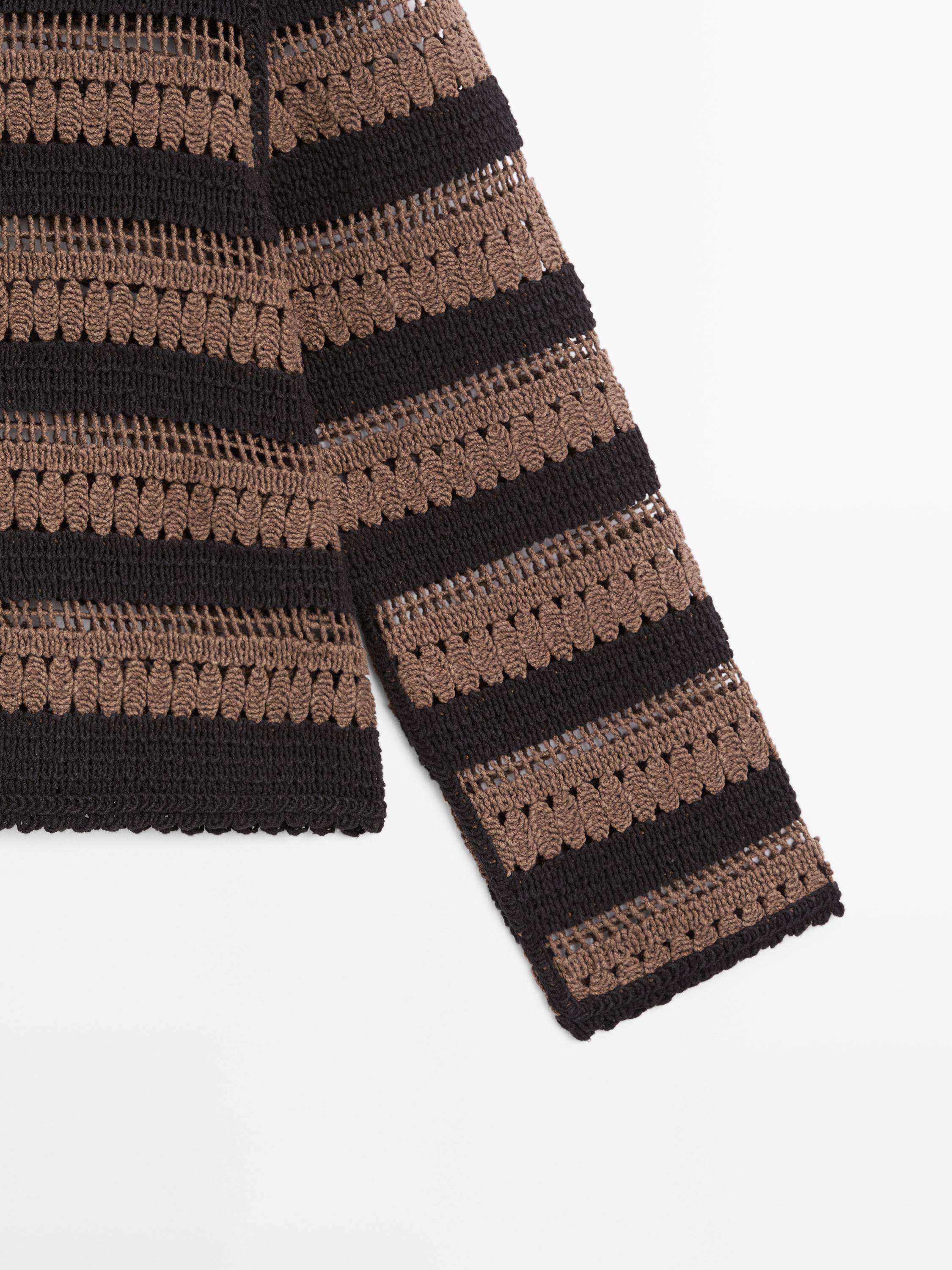 Short striped crochet knit cardigan — BROWN