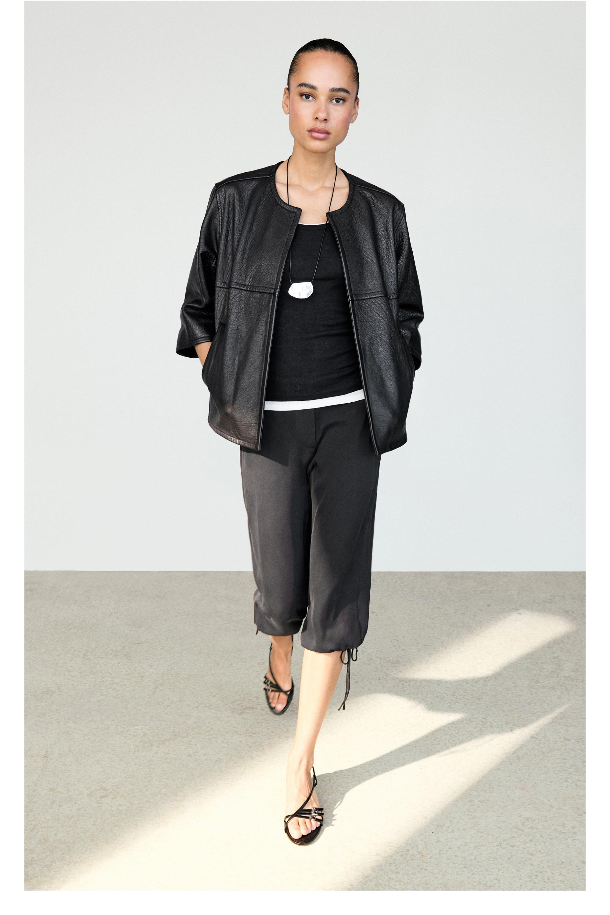 Silk blend tie-hem capri pants — BLACK