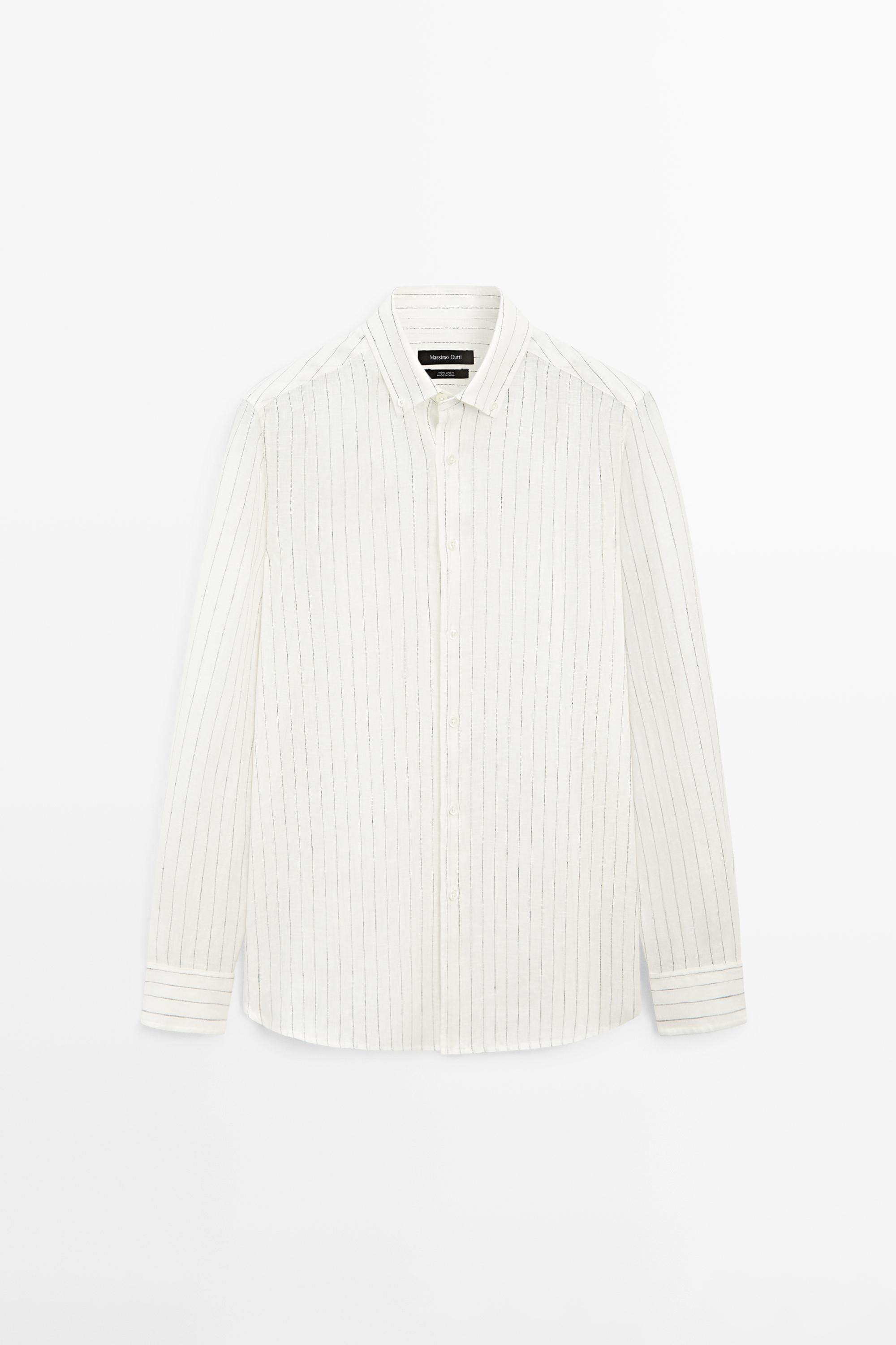 100% linen regular fit striped shirt — CREAM